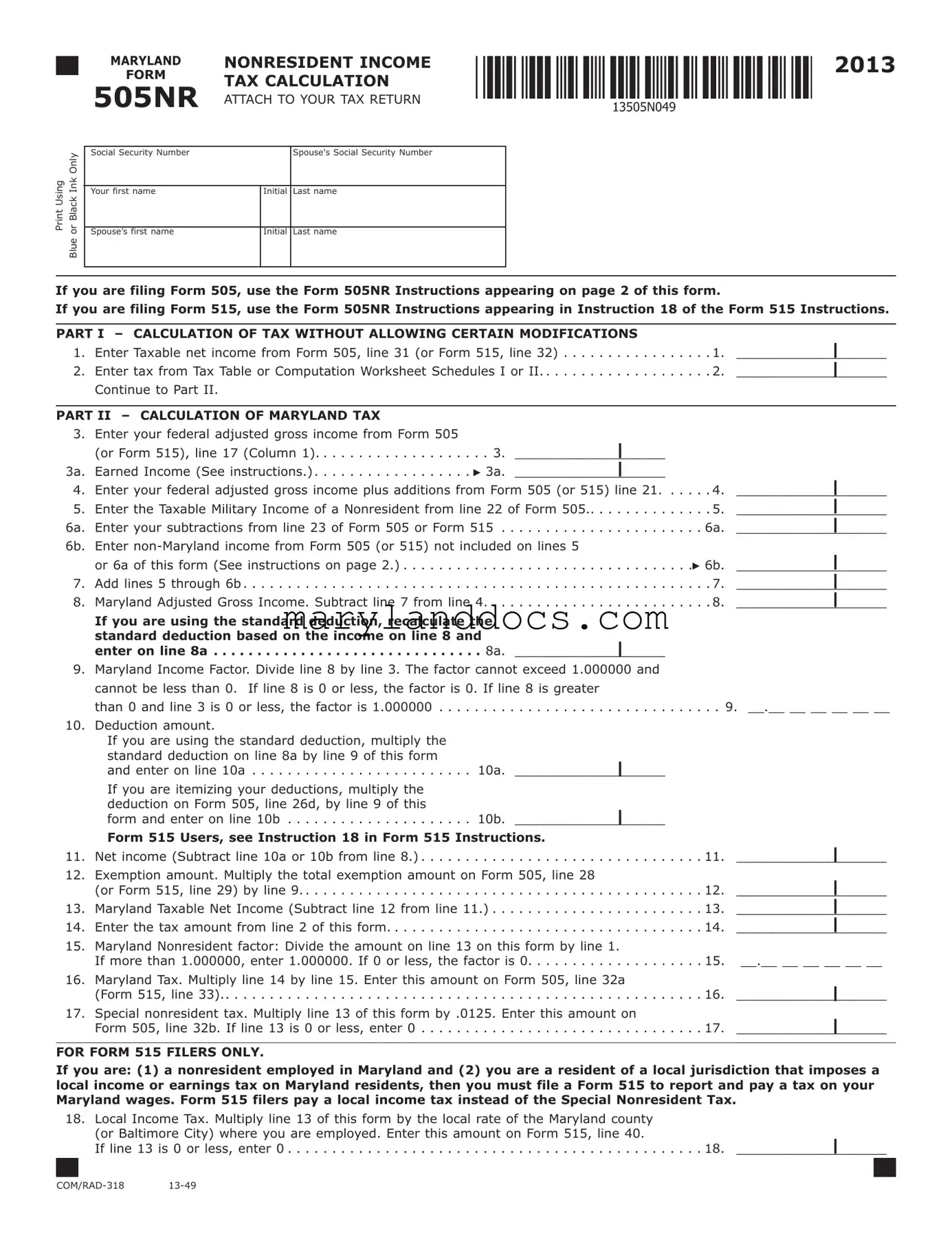 Fill a Valid Maryland 505Nr Template
