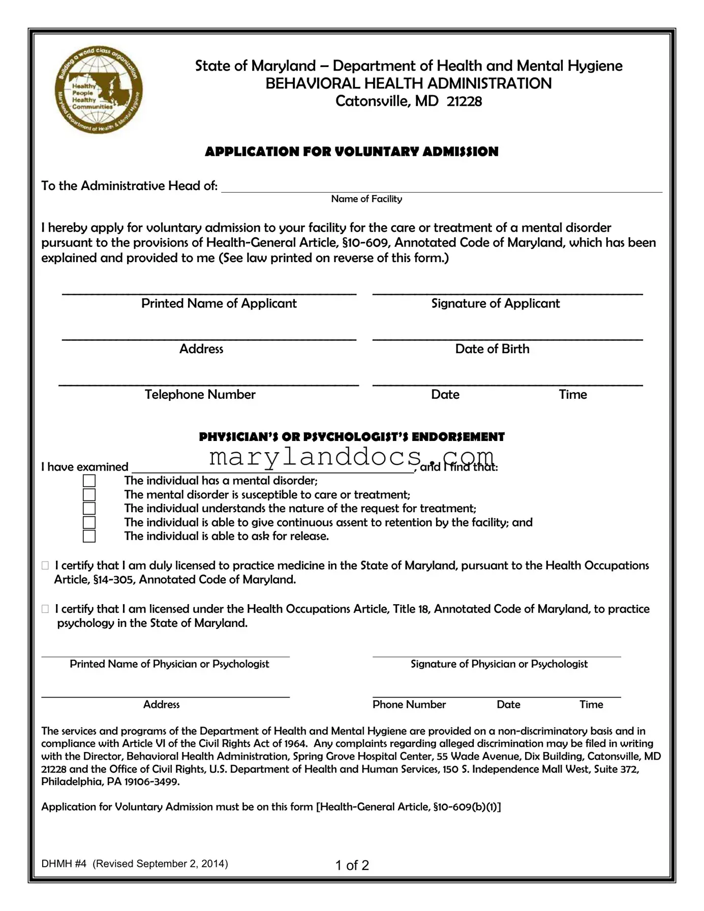 Fill a Valid Maryland Admission Template