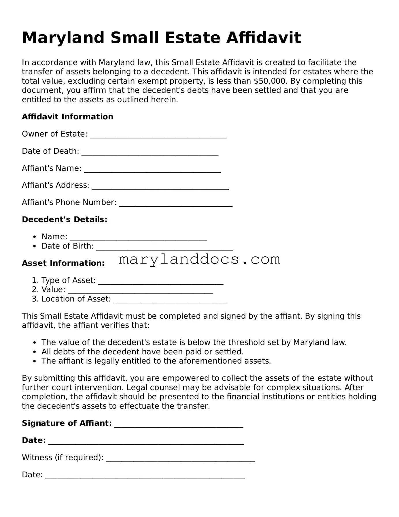 Valid Small Estate Affidavit Document for Maryland State