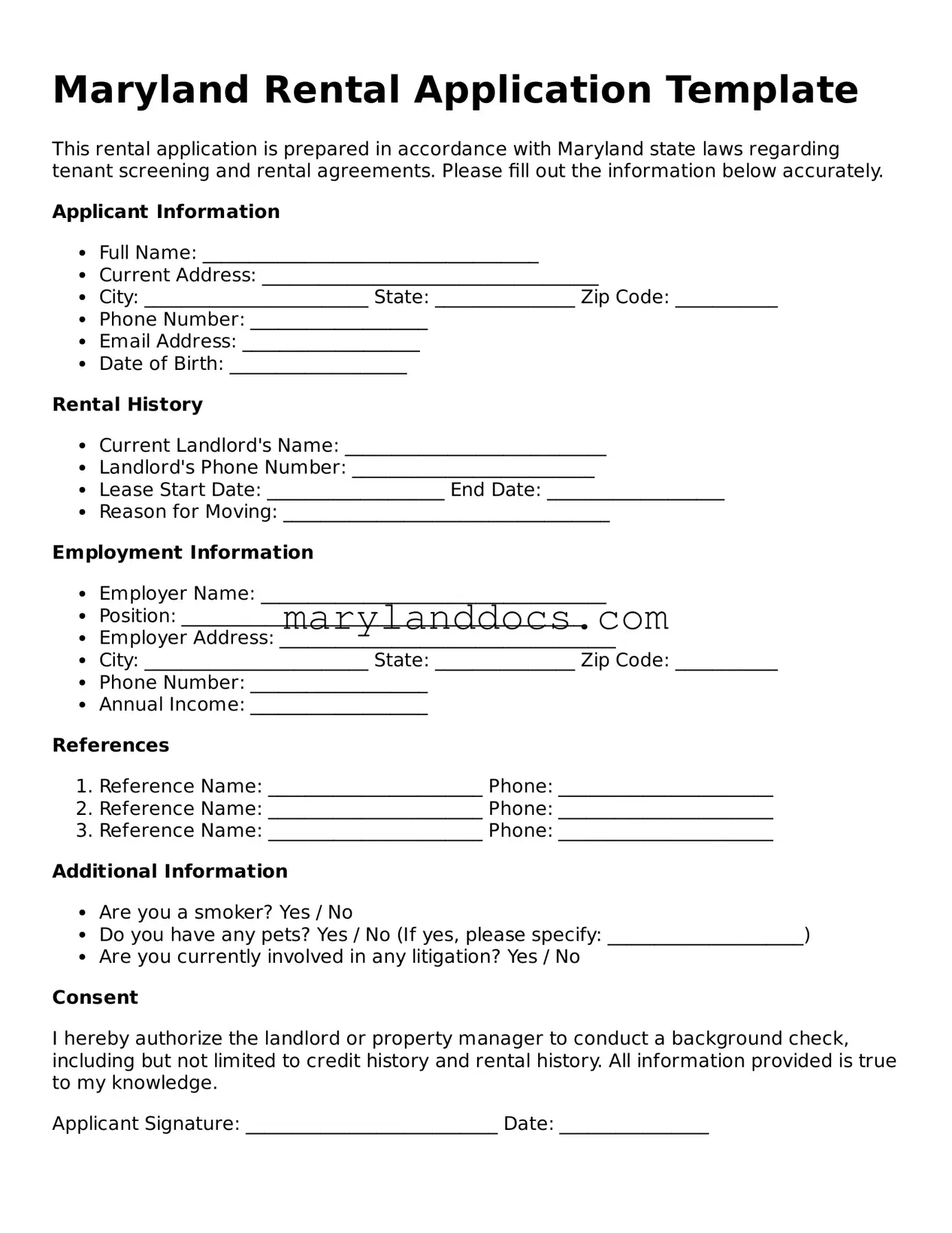 Valid Rental Application Document for Maryland State
