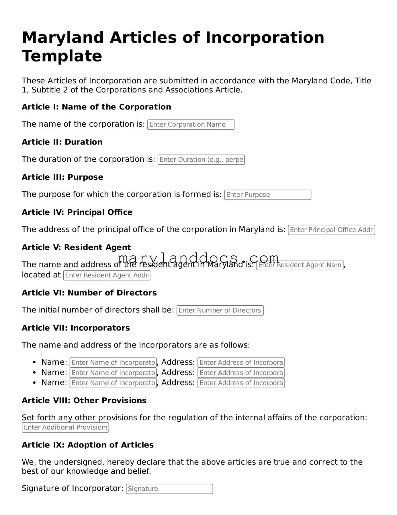 Valid Articles of Incorporation Document for Maryland State