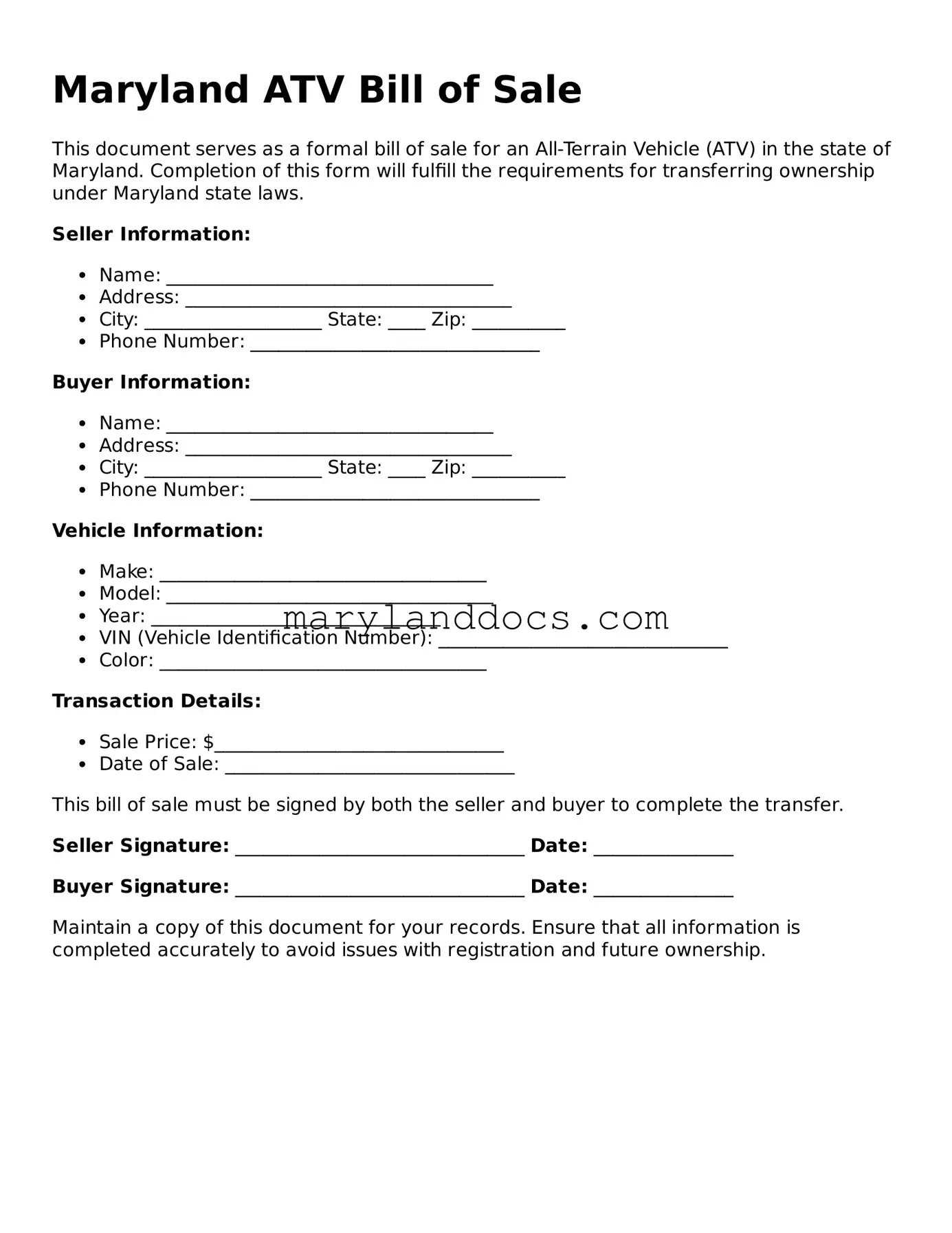 Valid ATV Bill of Sale Document for Maryland State