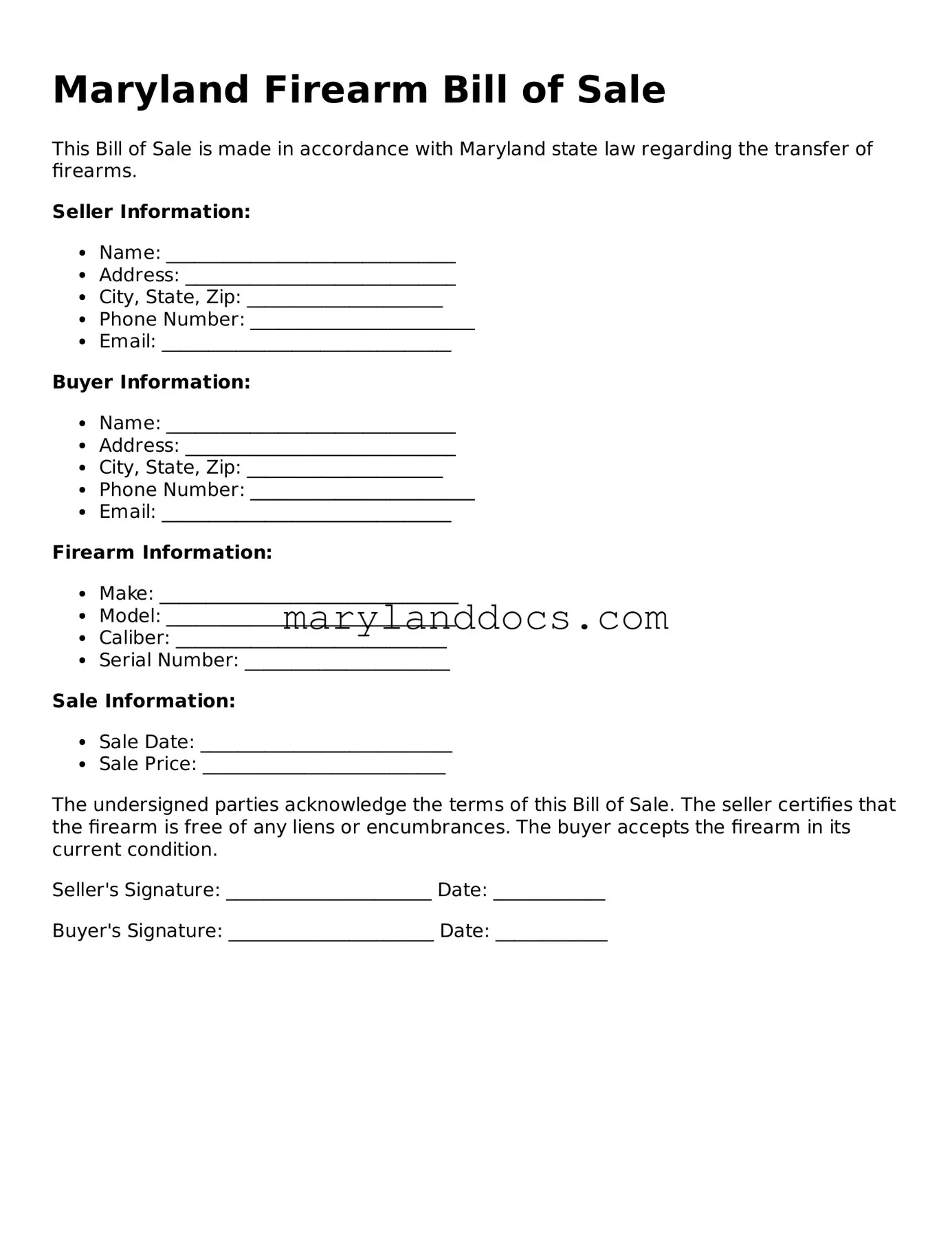 Valid Firearm Bill of Sale Document for Maryland State
