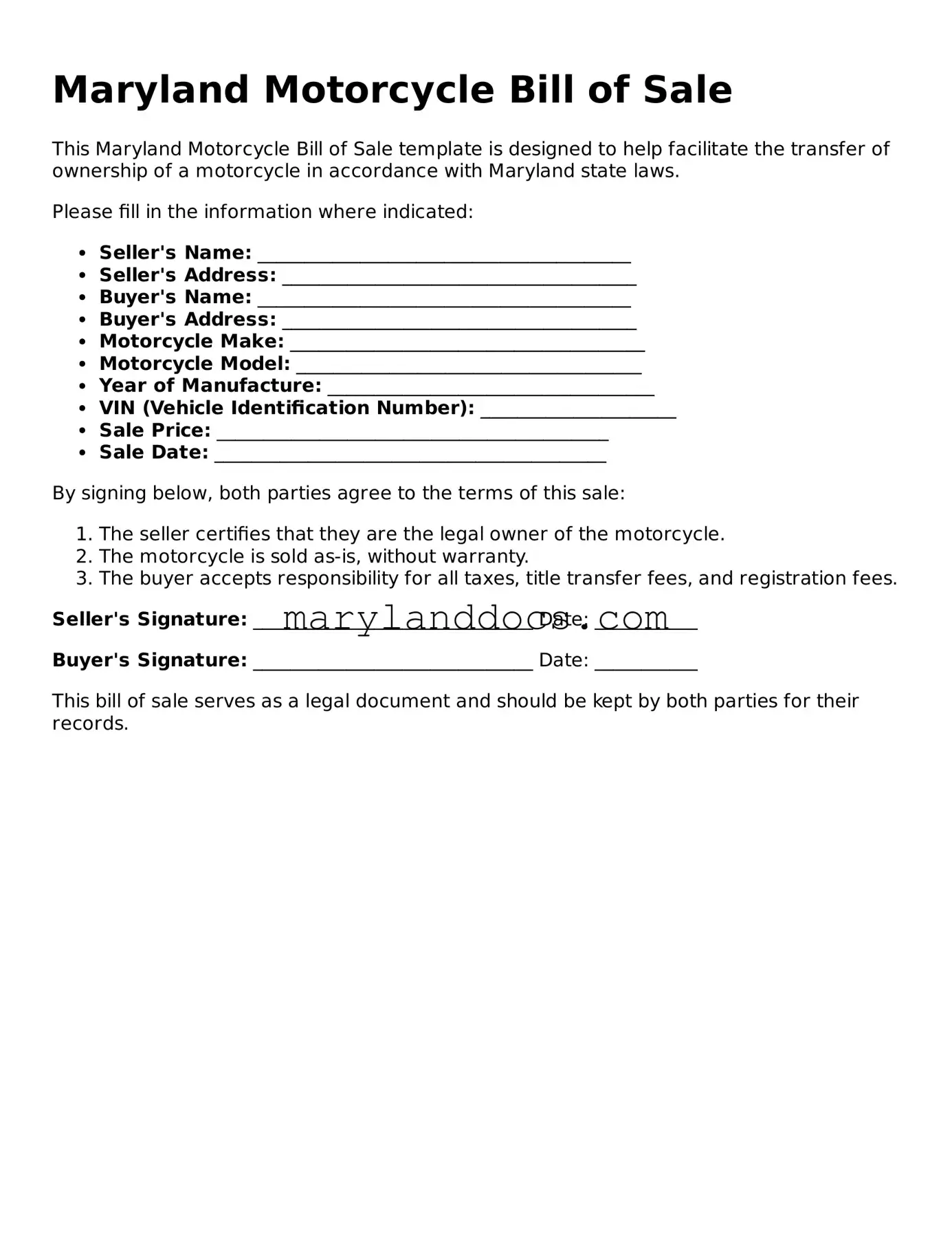 Valid Motorcycle Bill of Sale Document for Maryland State