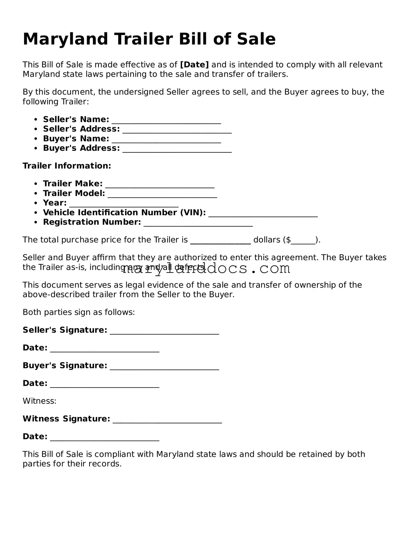 Valid Trailer Bill of Sale Document for Maryland State