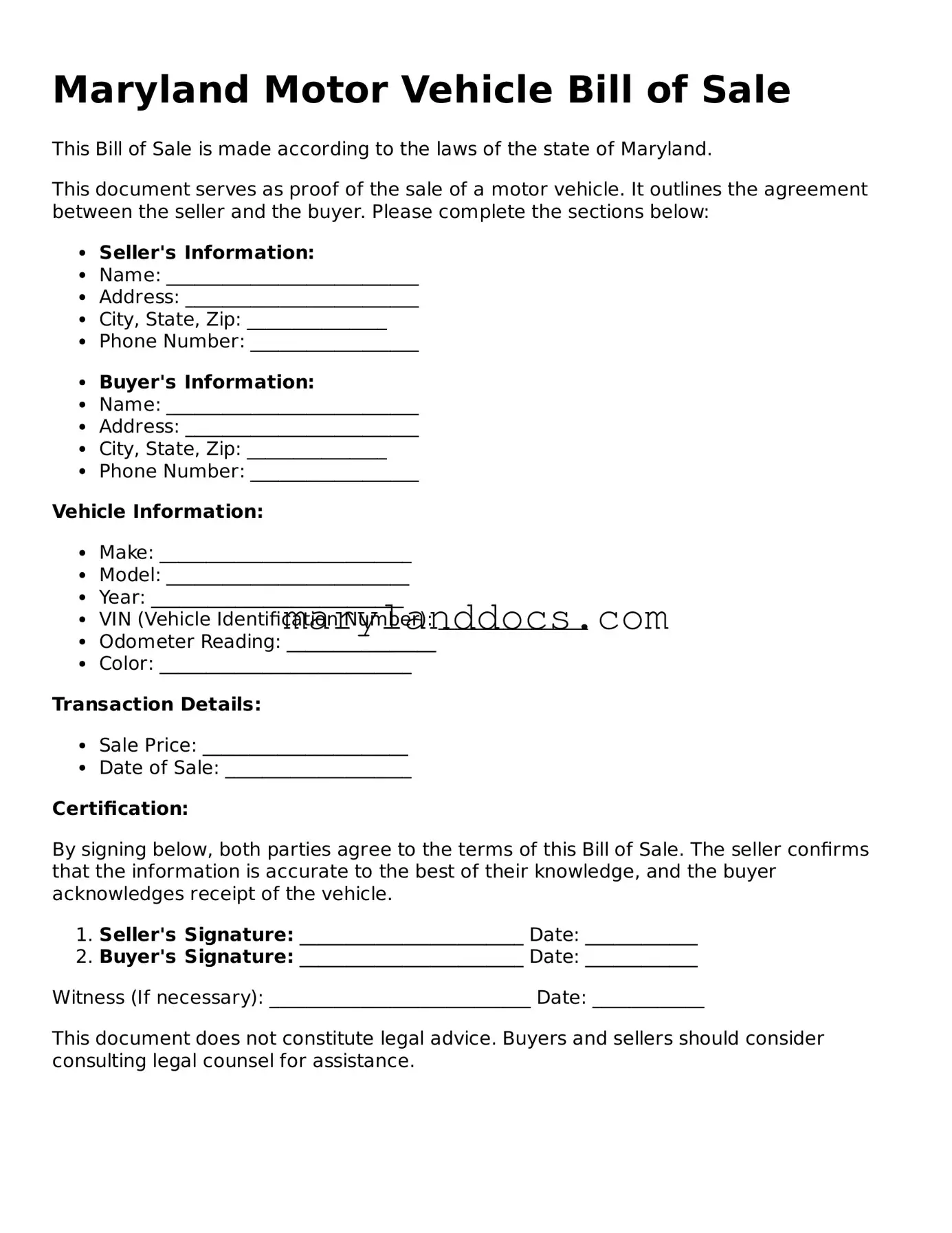 Valid Motor Vehicle Bill of Sale Document for Maryland State