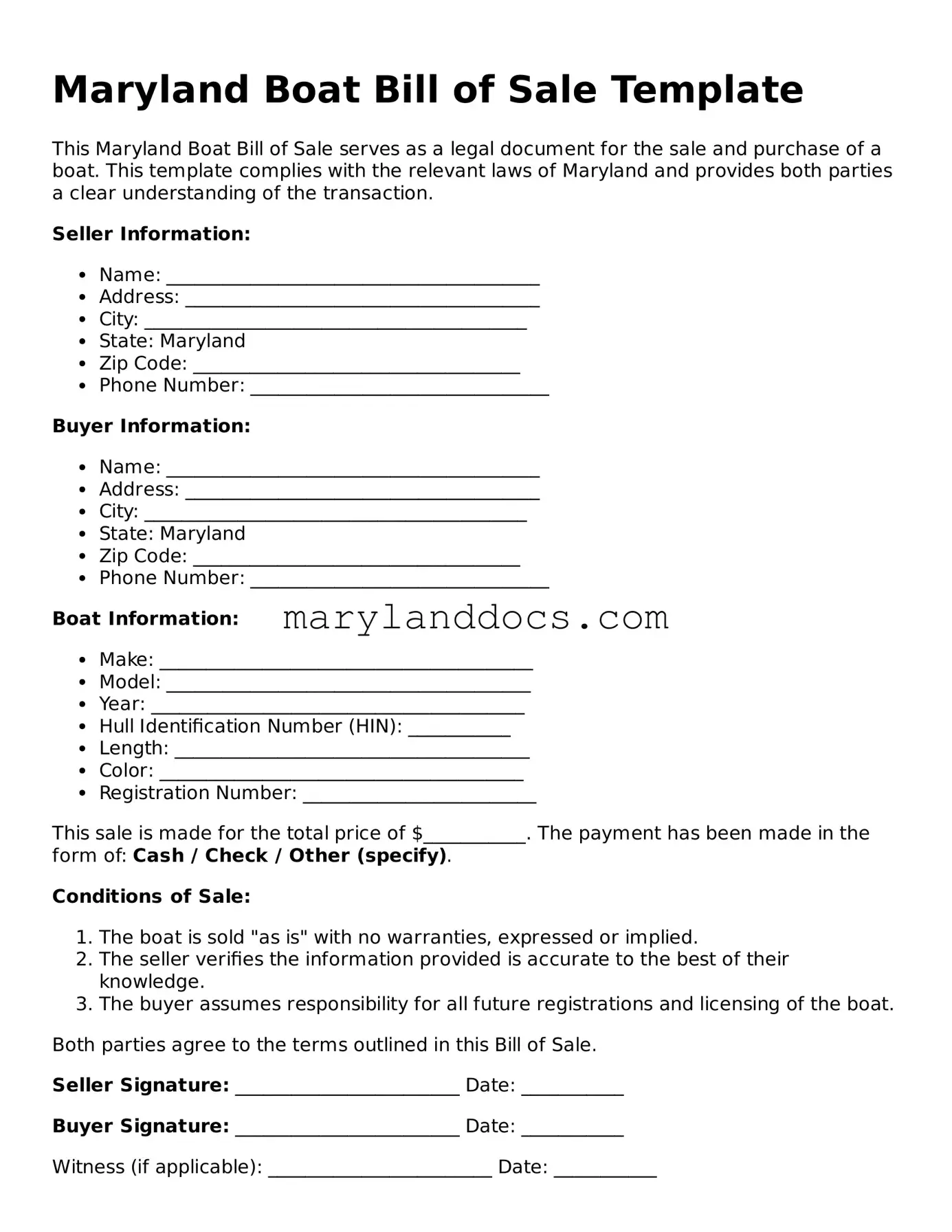 Valid Boat Bill of Sale Document for Maryland State