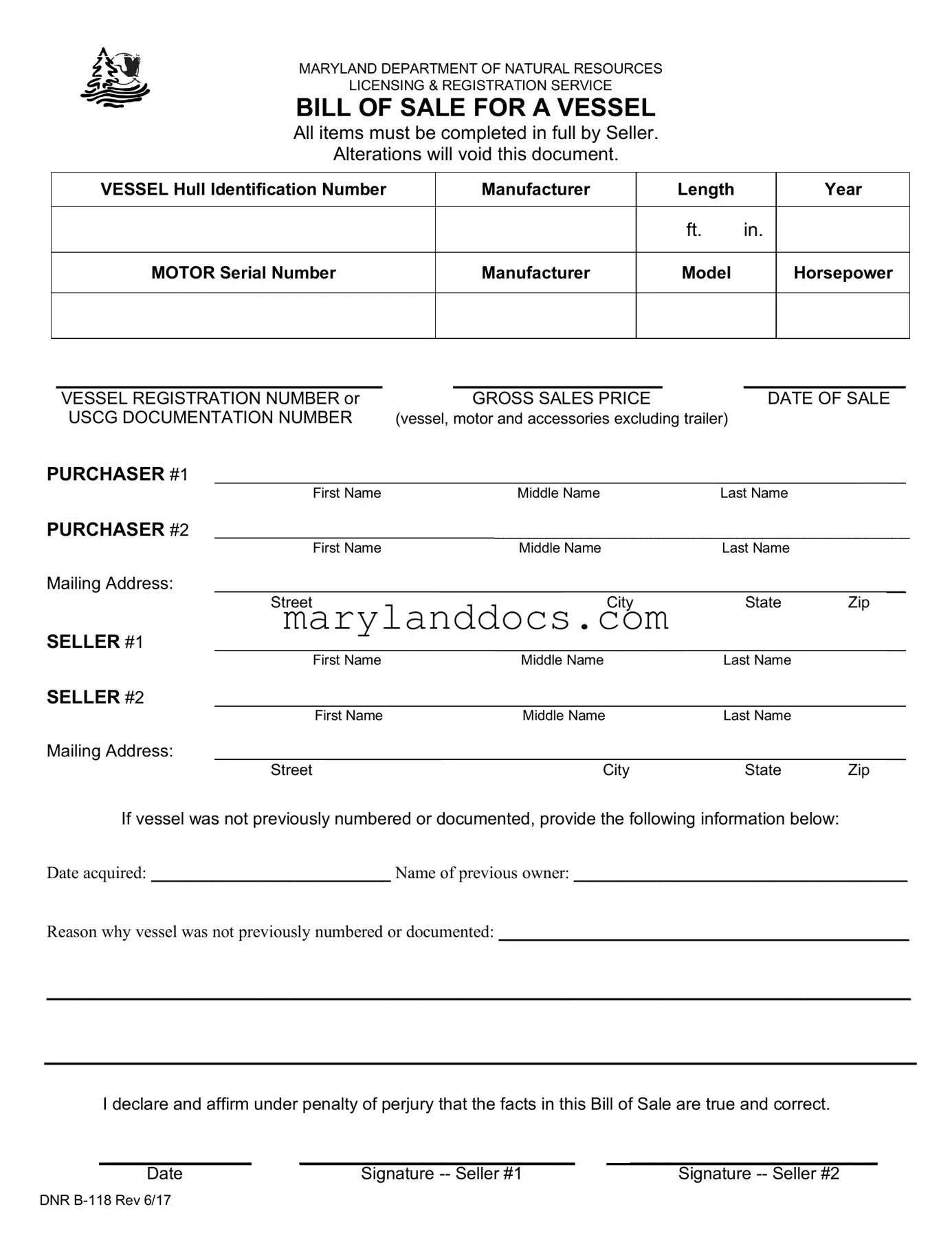 Fill a Valid Maryland Boat Bill of Sale DNR B-118 Template