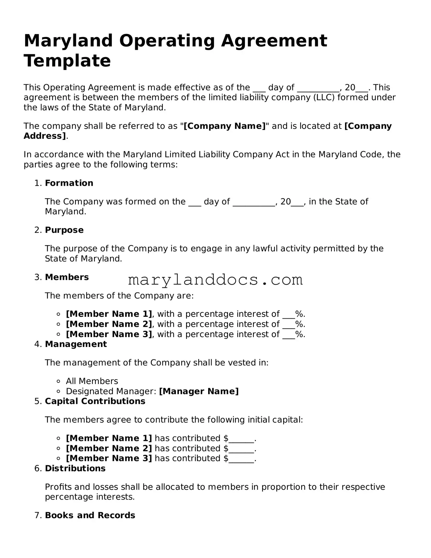 Valid Operating Agreement Document for Maryland State