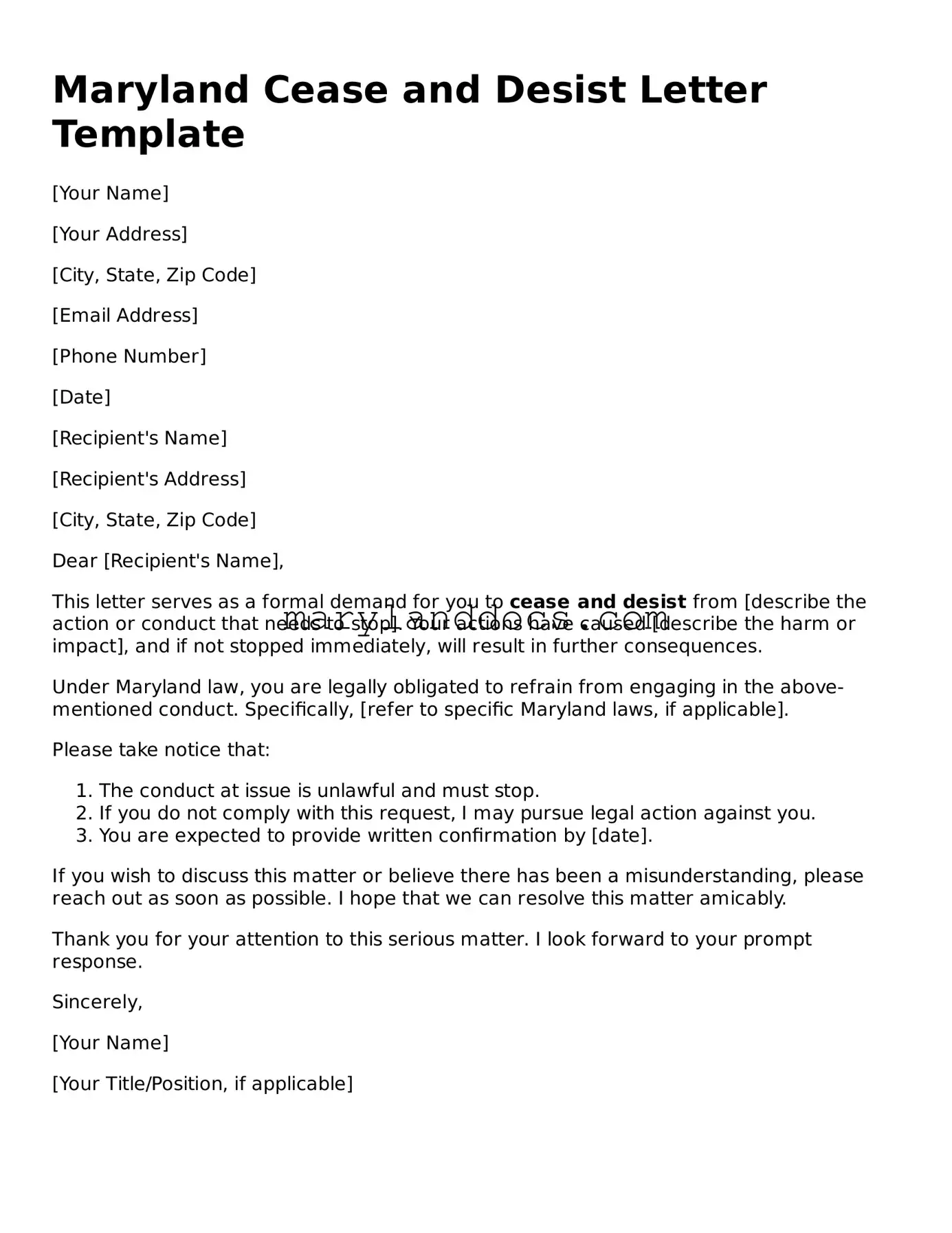Valid Cease and Desist Letter Document for Maryland State