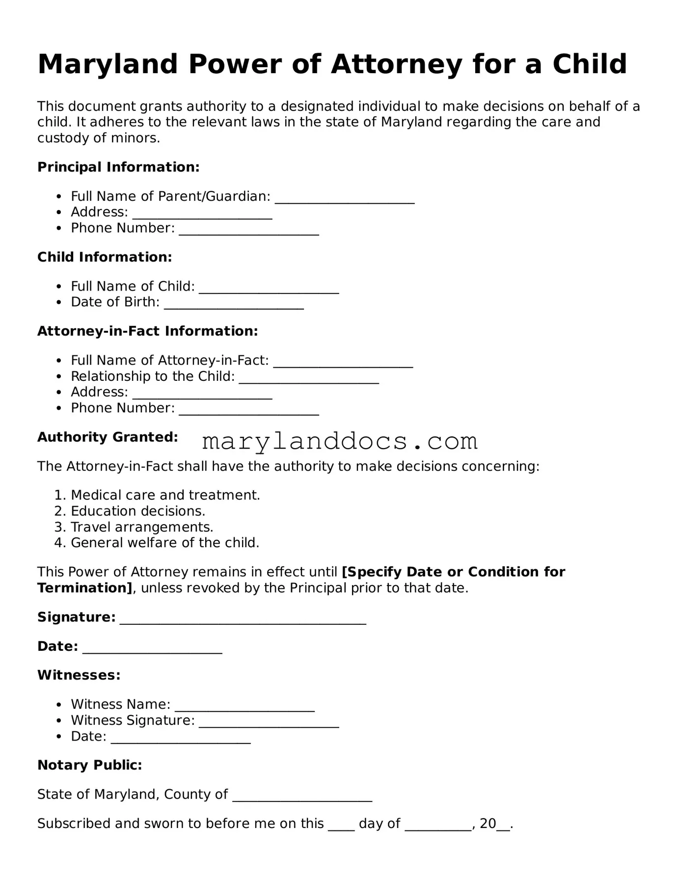 Valid Power of Attorney for a Child Document for Maryland State