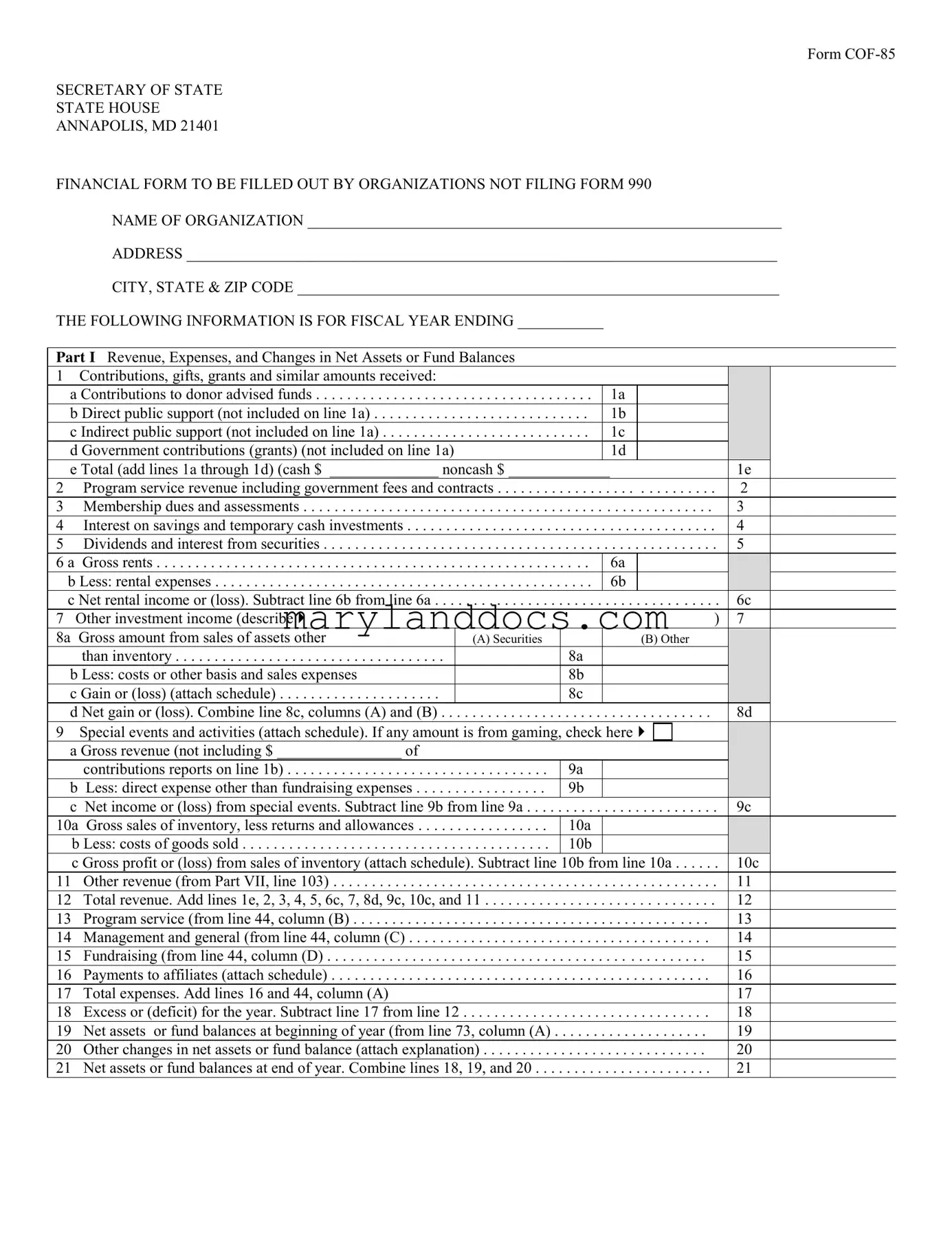 Fill a Valid Maryland Cof 85 Template
