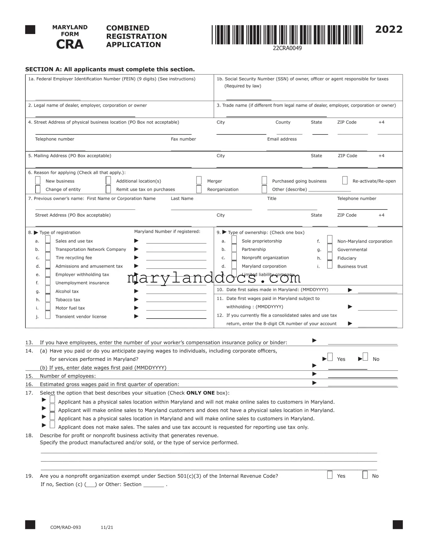 Fill a Valid Maryland Cra Template