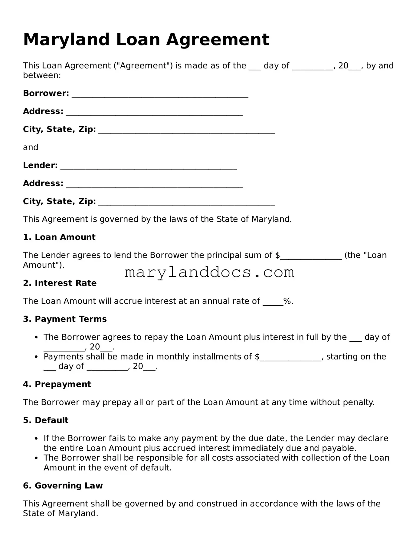 Valid Loan Agreement Document for Maryland State