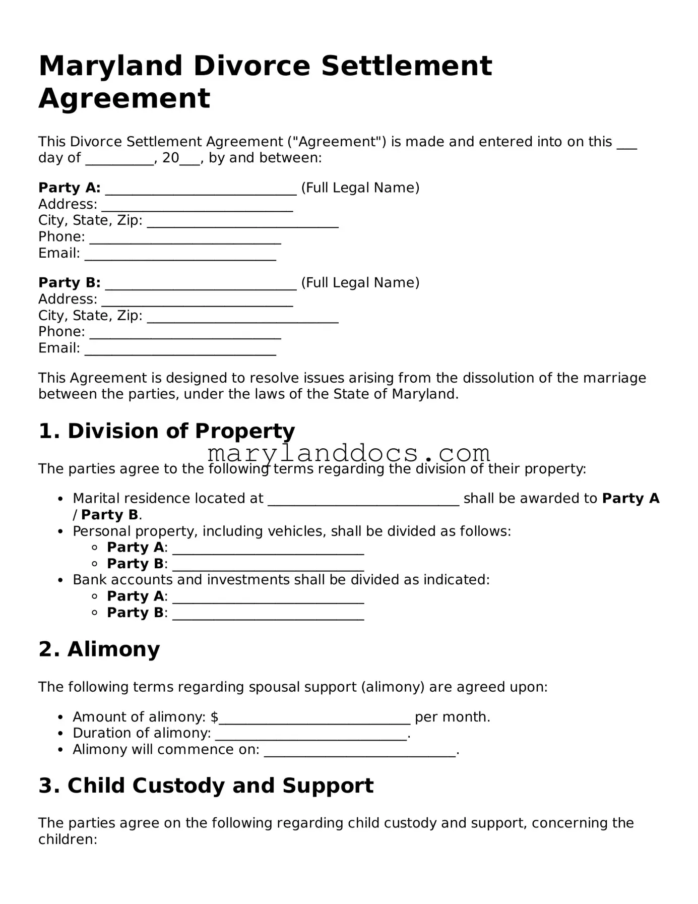 Valid Divorce Settlement Agreement Document for Maryland State