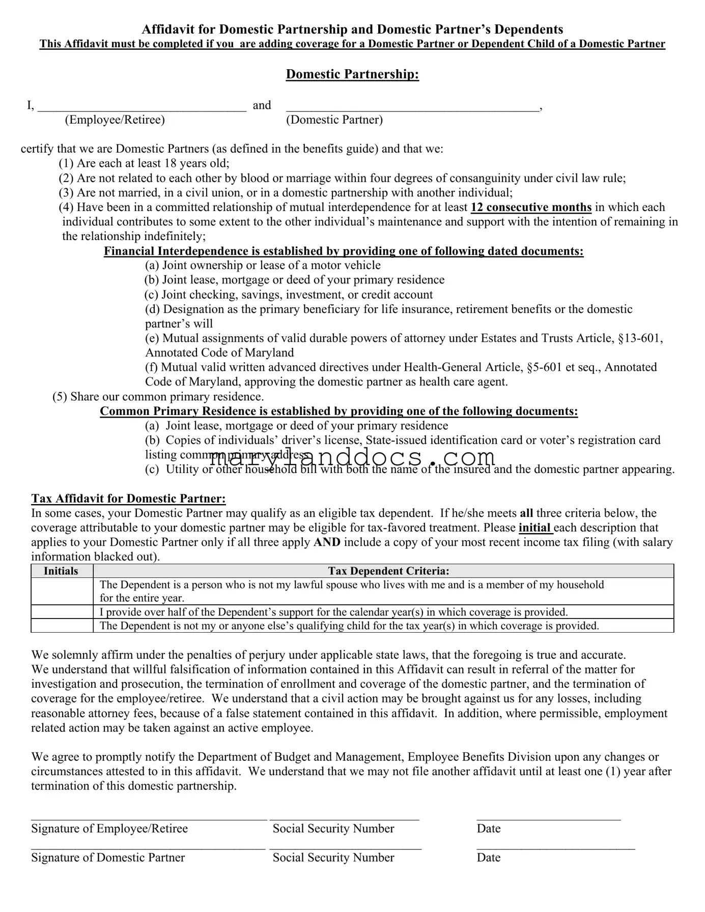 Fill a Valid Maryland Domestic Partnership Template