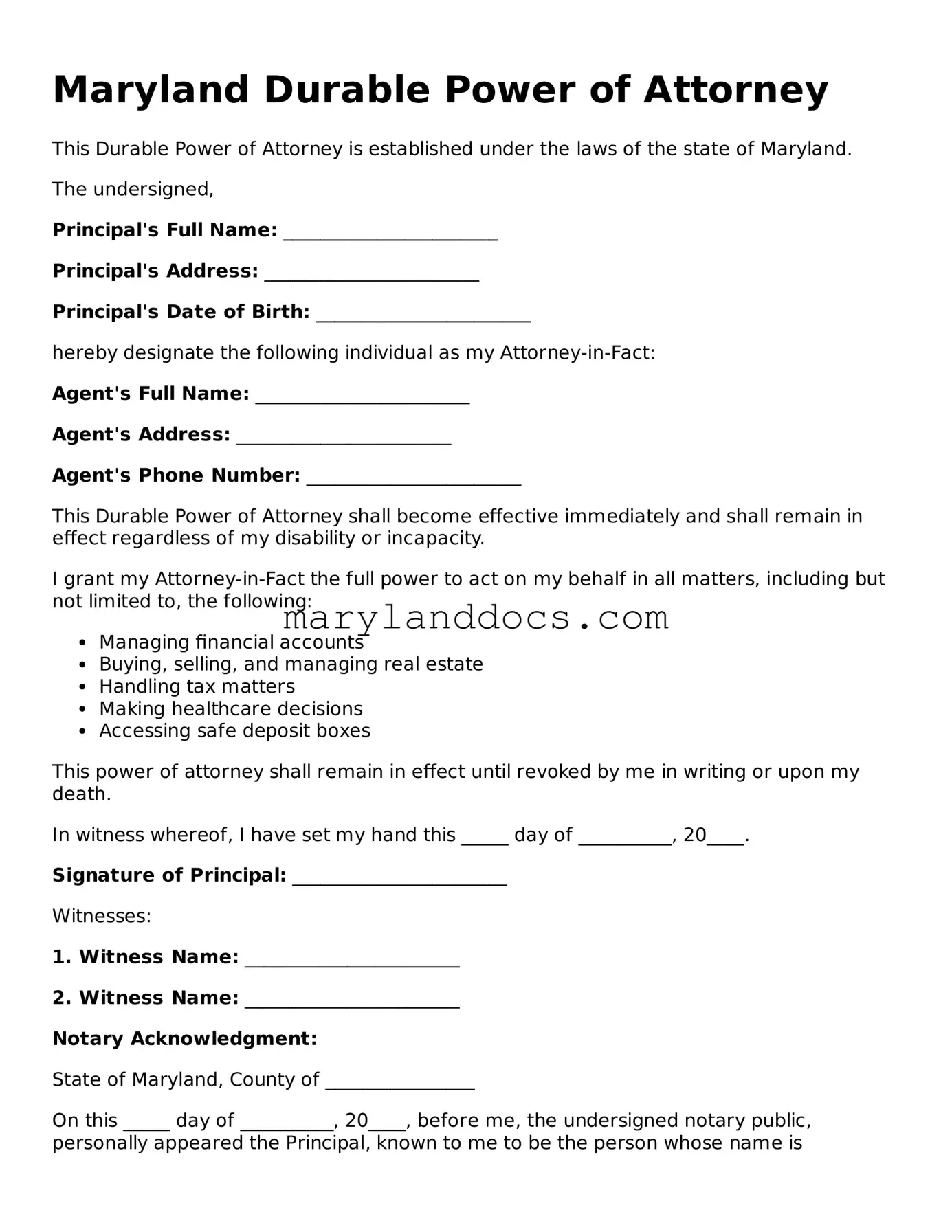 Valid Durable Power of Attorney Document for Maryland State