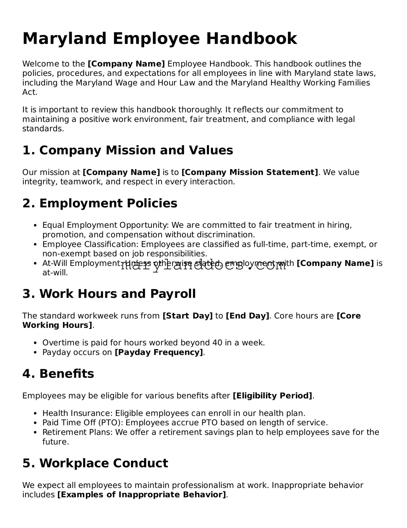 Valid Employee Handbook Document for Maryland State