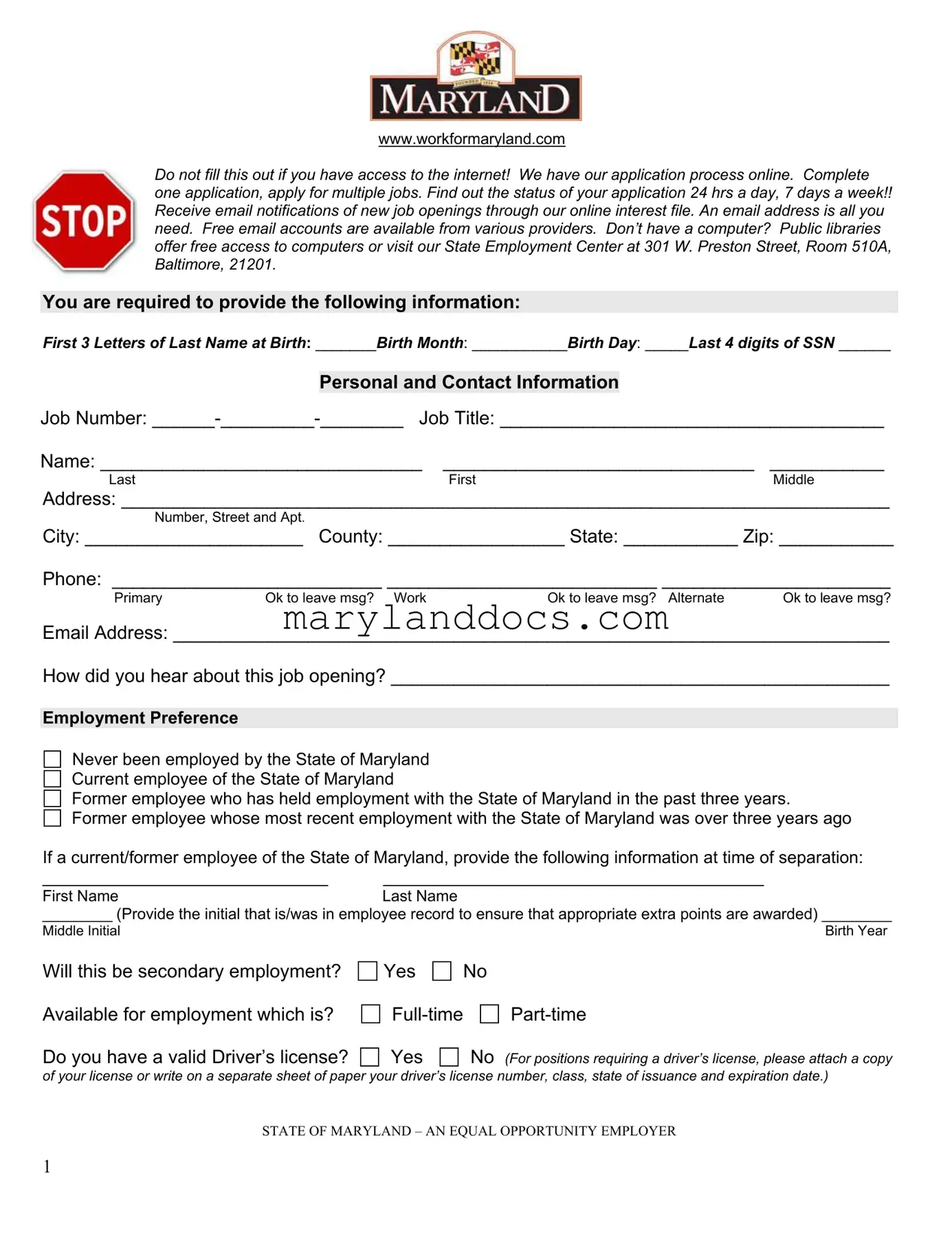 Fill a Valid Maryland Employment Application Template
