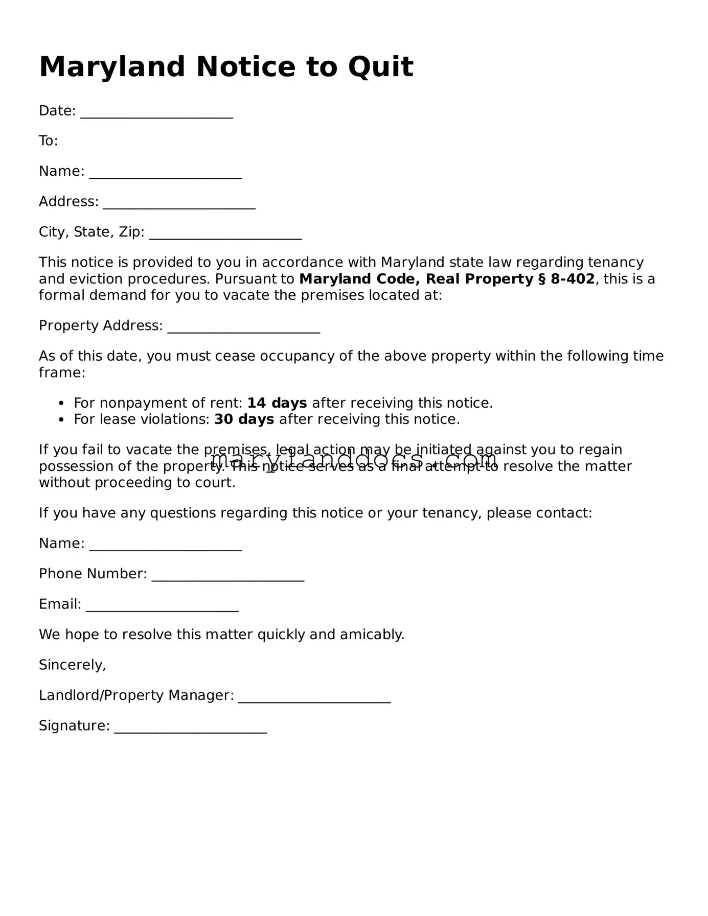 Valid Notice to Quit Document for Maryland State
