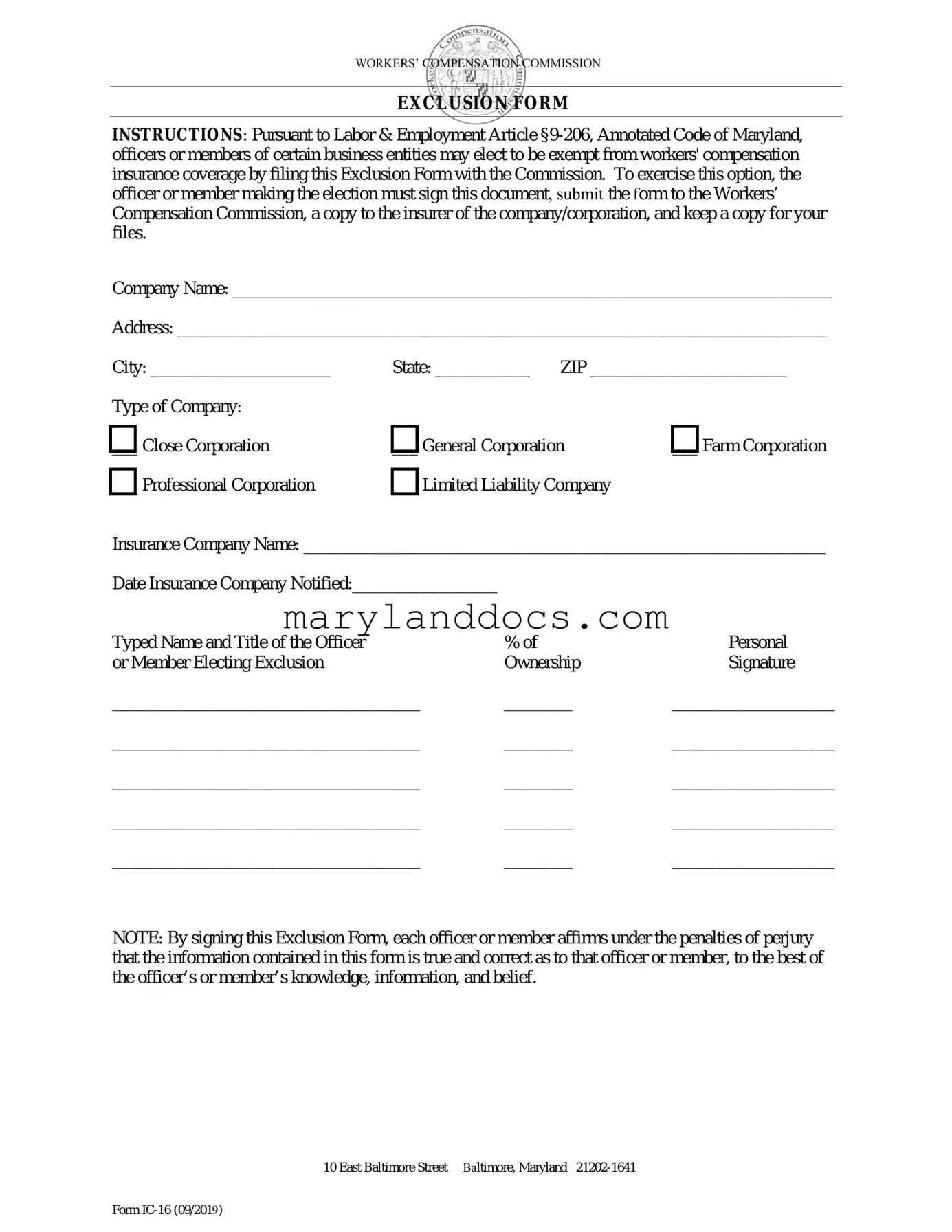 Fill a Valid Maryland Exclusion Template