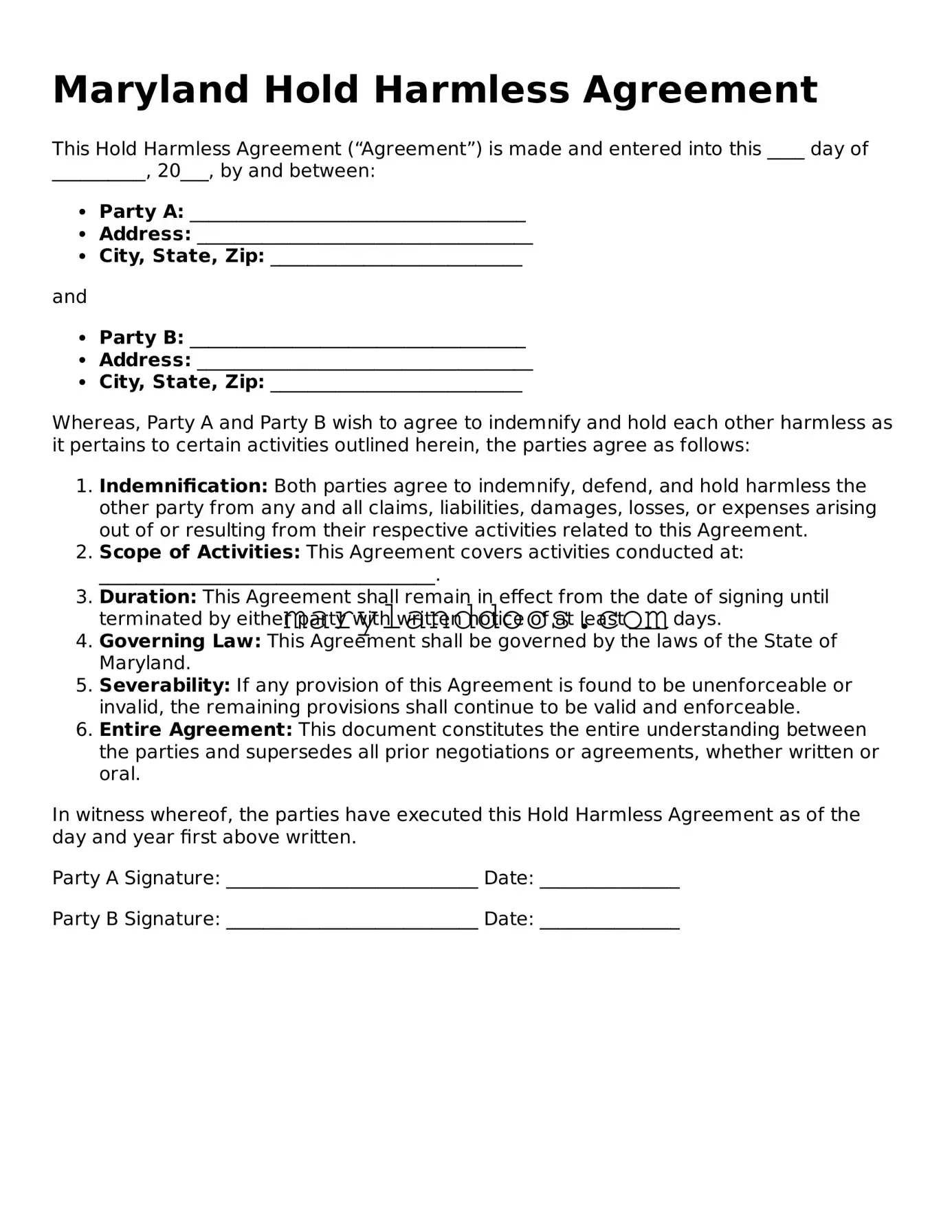 Valid Hold Harmless Agreement Document for Maryland State