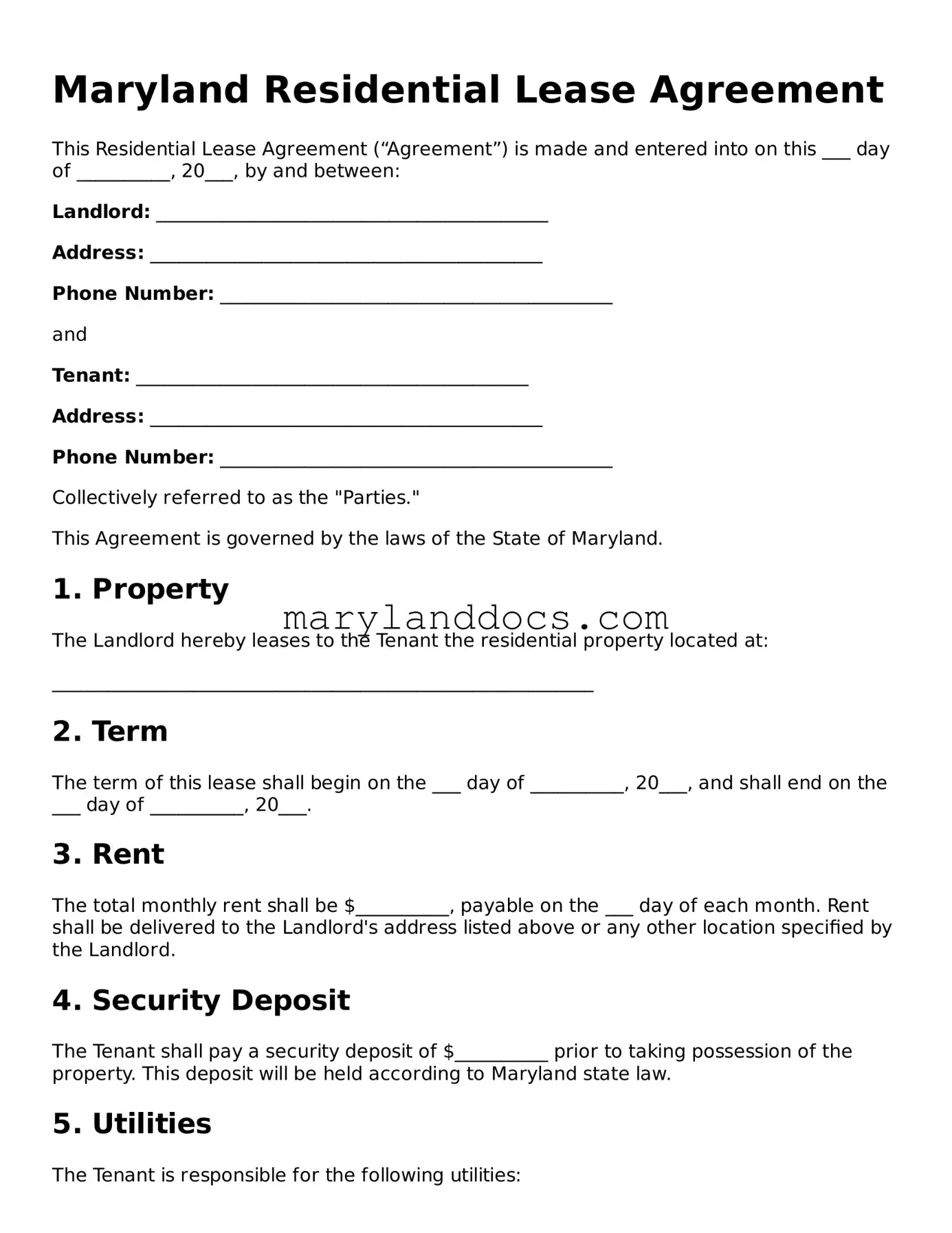 Valid Residential Lease Agreement Document for Maryland State