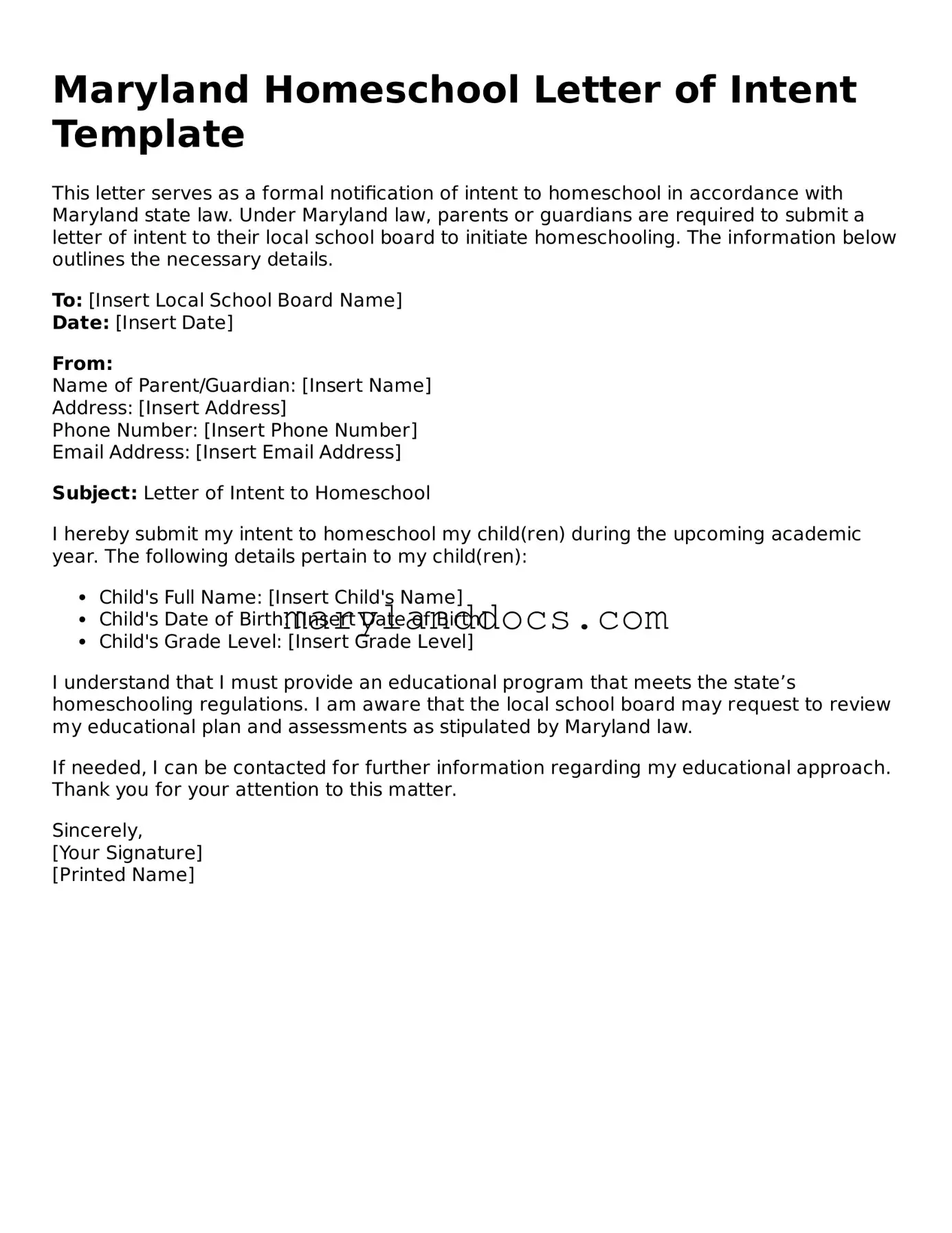 Valid Homeschool Letter of Intent Document for Maryland State