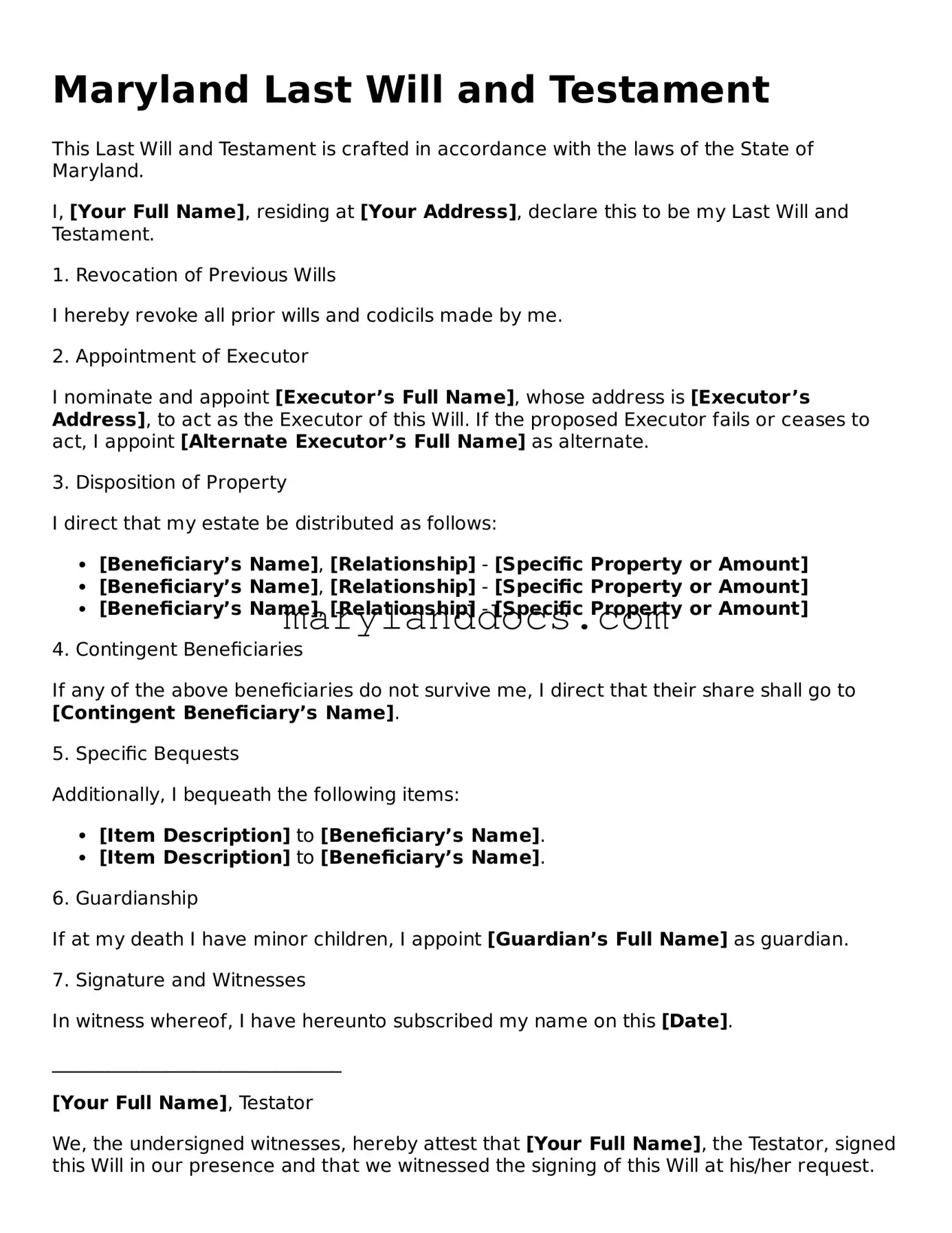 Valid Last Will and Testament Document for Maryland State