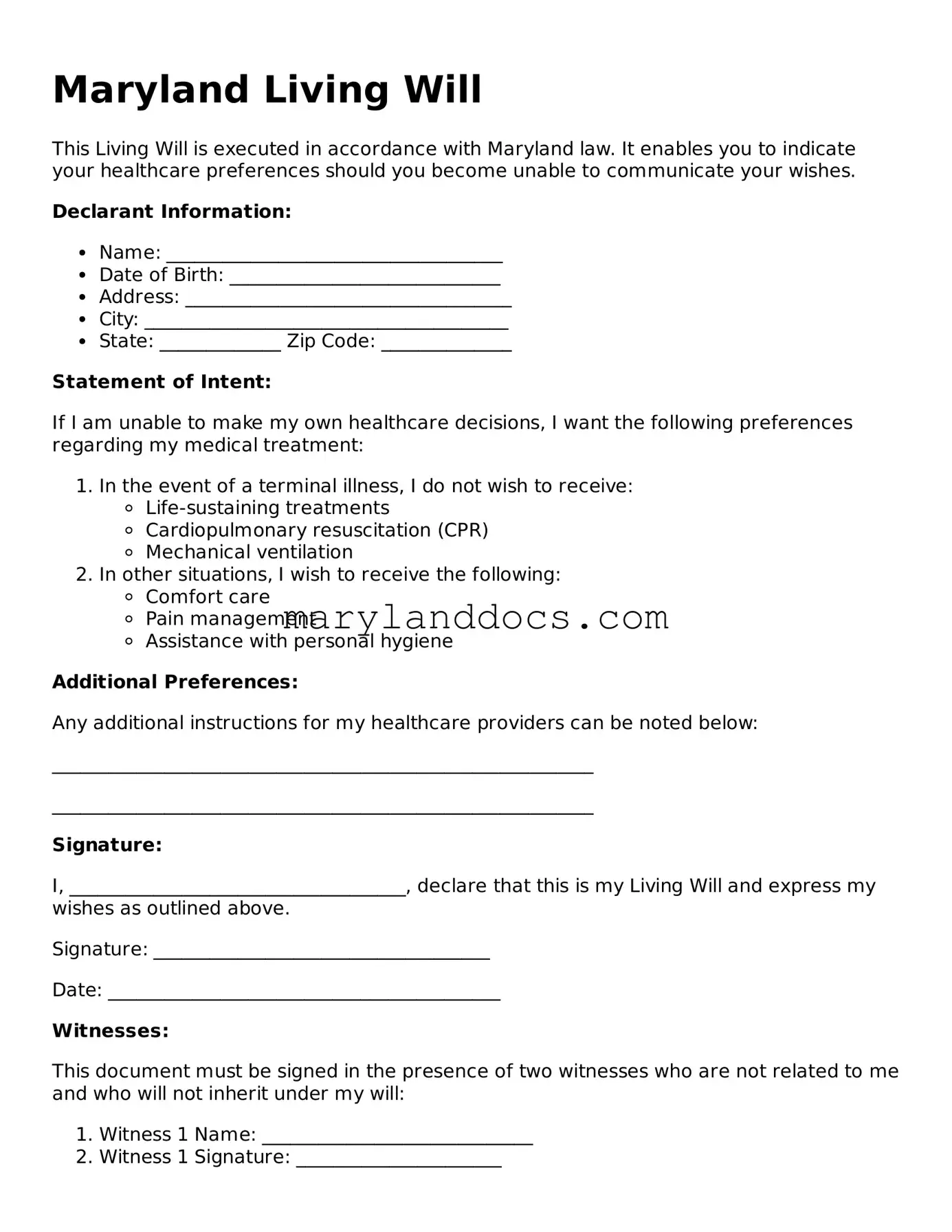 Valid Living Will Document for Maryland State