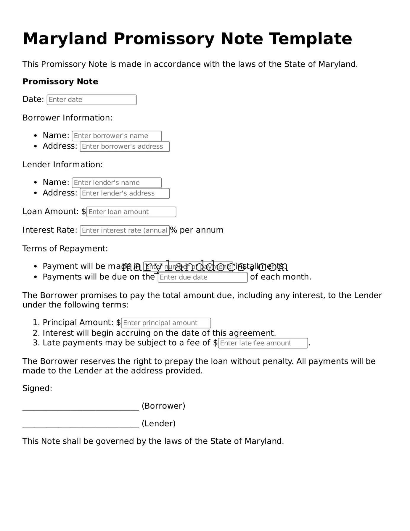 Valid Promissory Note Document for Maryland State