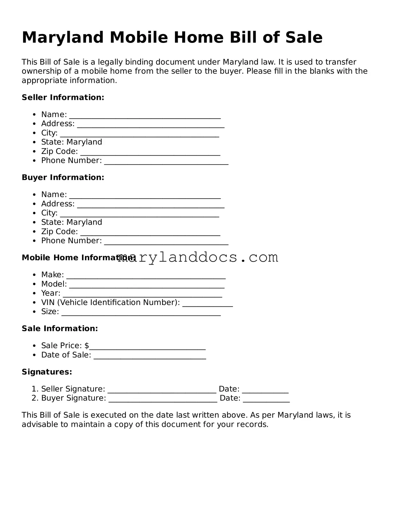 Valid Mobile Home Bill of Sale Document for Maryland State