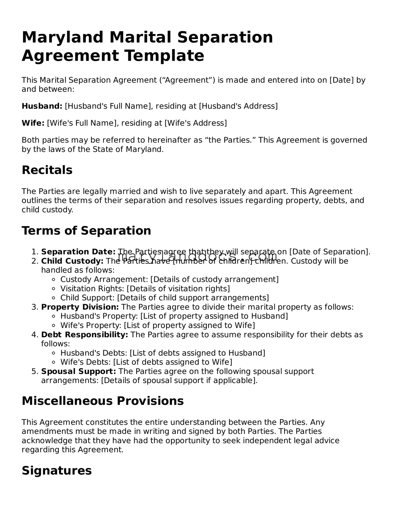 Valid Marital Separation Agreement Document for Maryland State