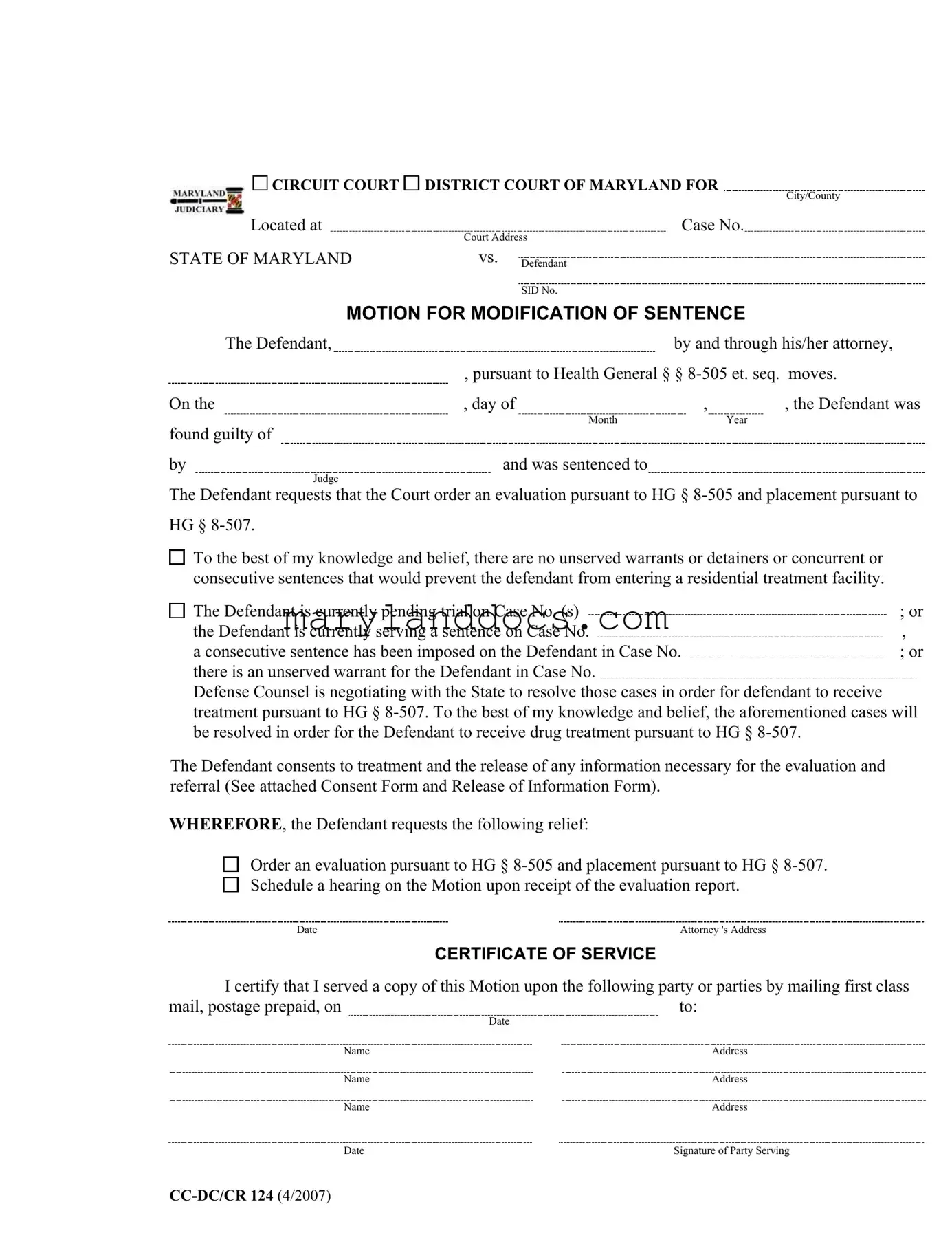Fill a Valid Maryland Modification Sentence Template