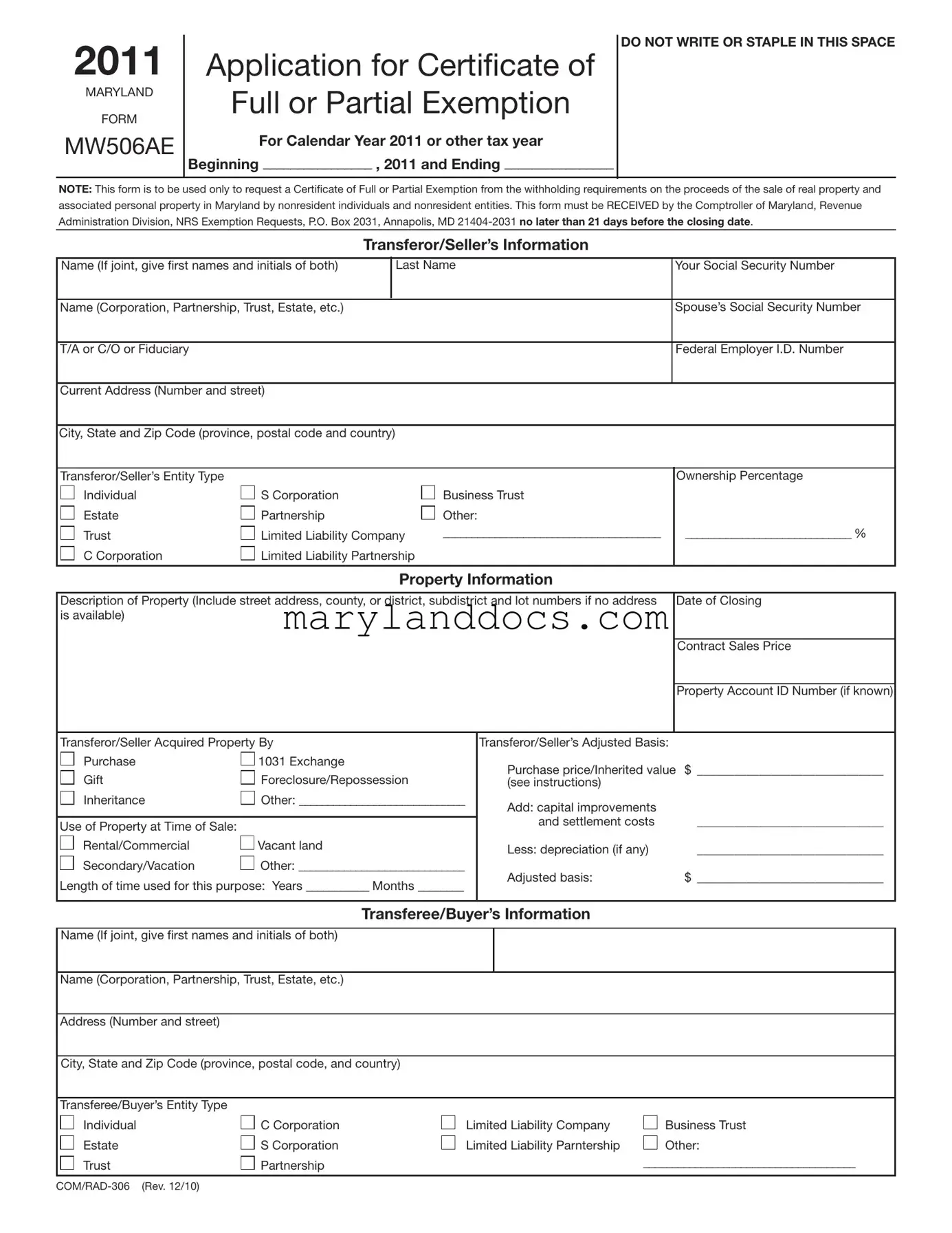 Fill a Valid Maryland Mw506Ae Template