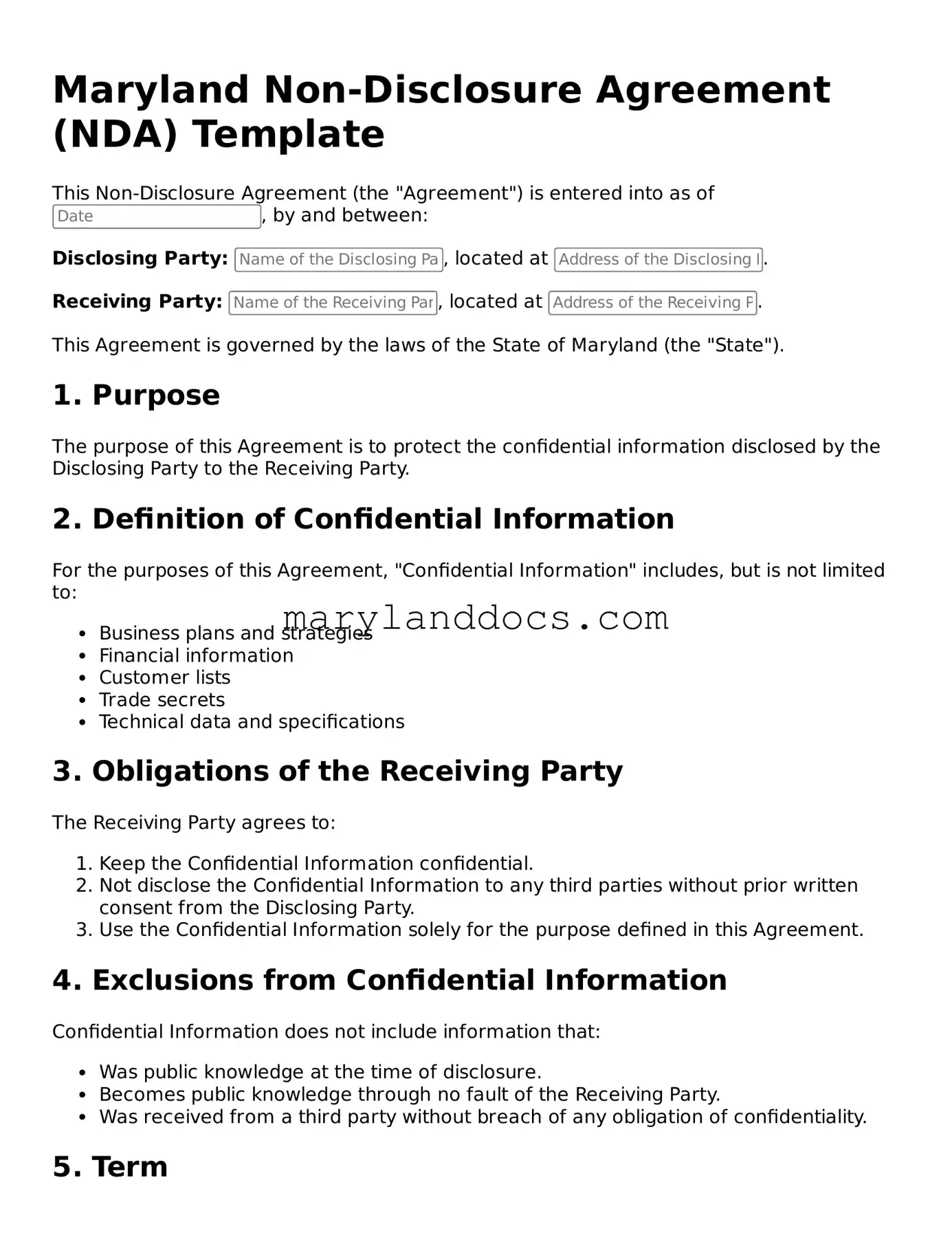 Valid Non-disclosure Agreement Document for Maryland State