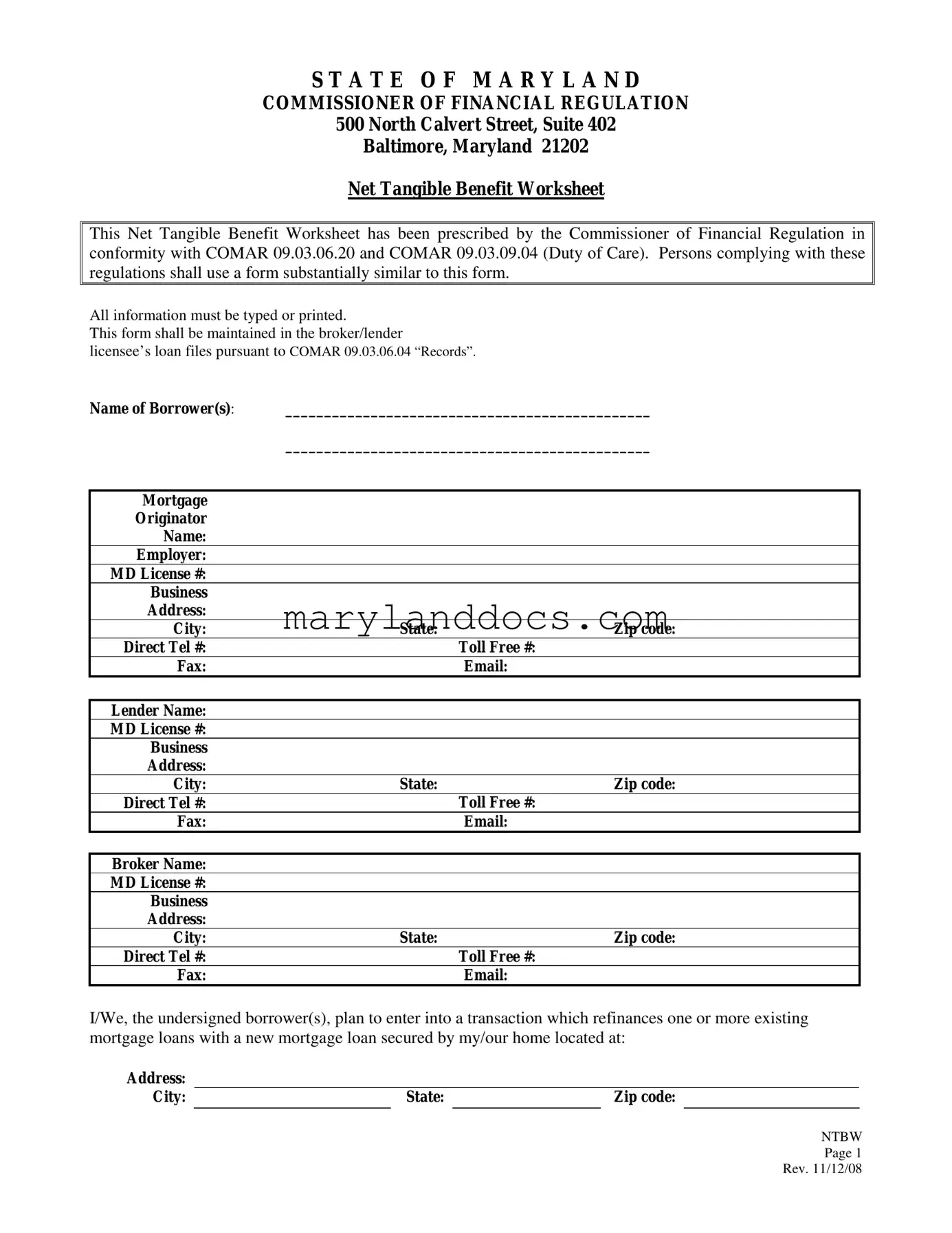 Fill a Valid Maryland Net Tangible Benefit Worksheet Template
