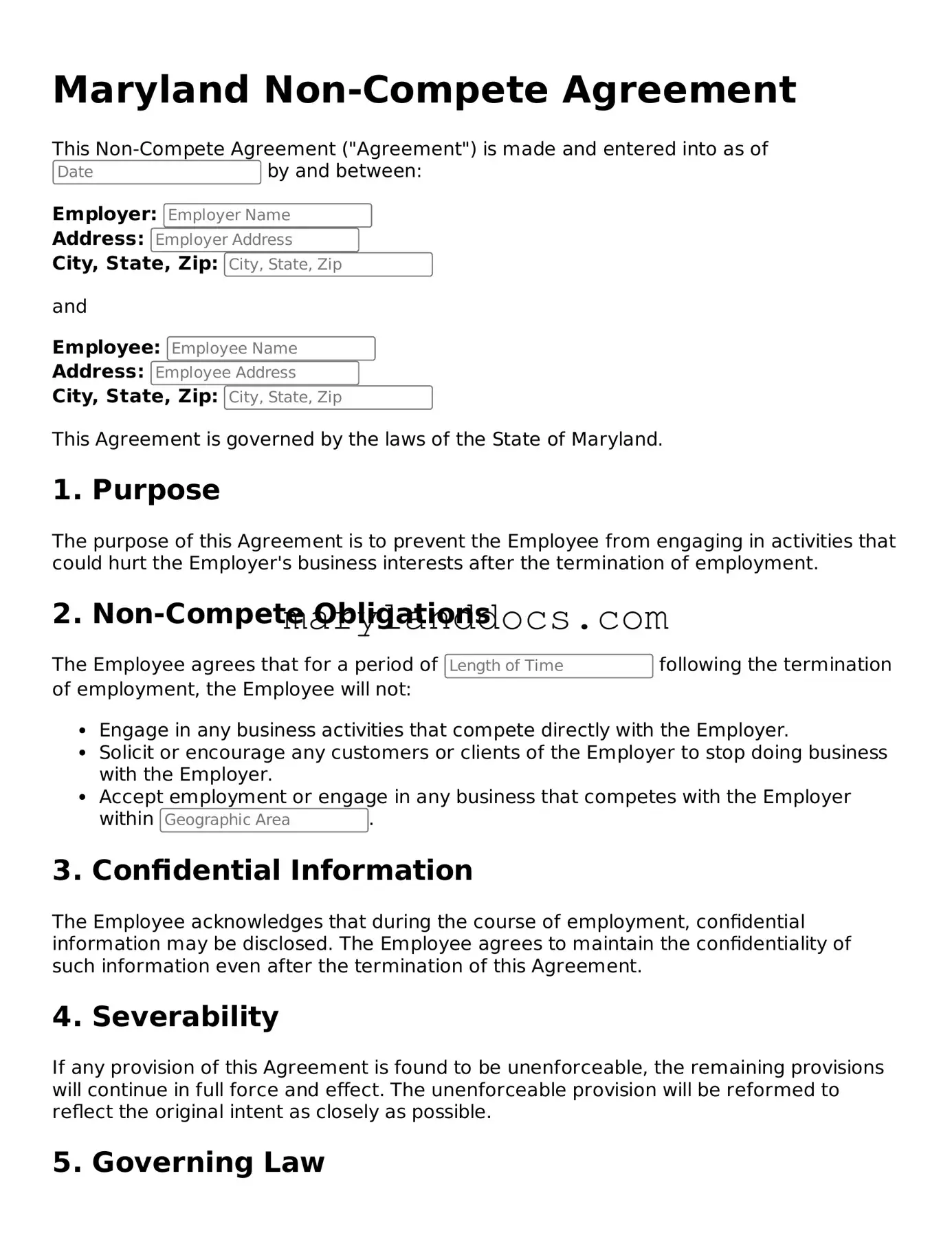 Valid Non-compete Agreement Document for Maryland State