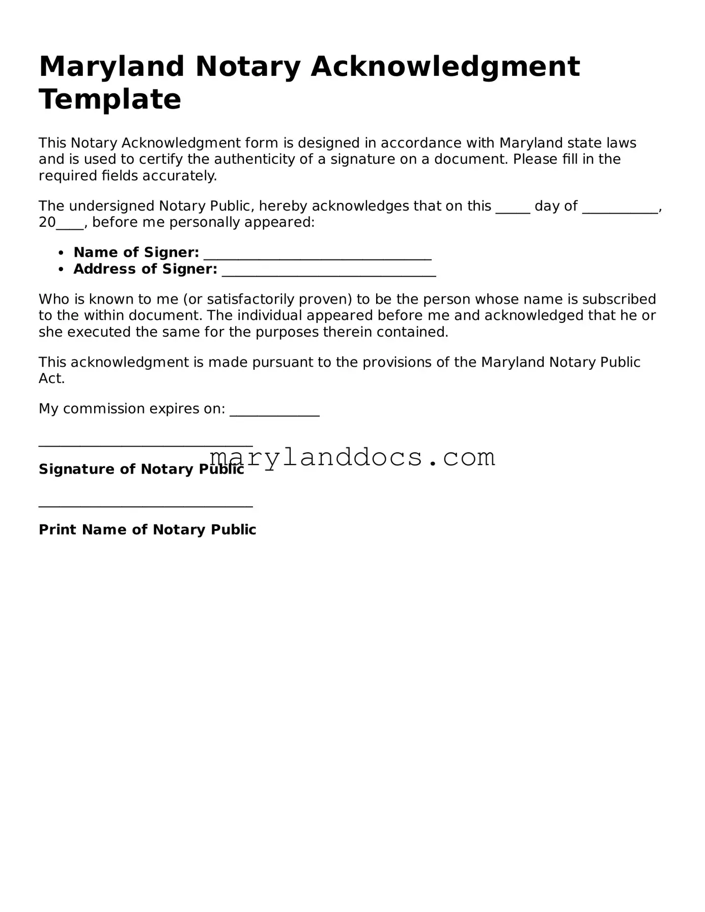 Valid Notary Acknowledgement Document for Maryland State