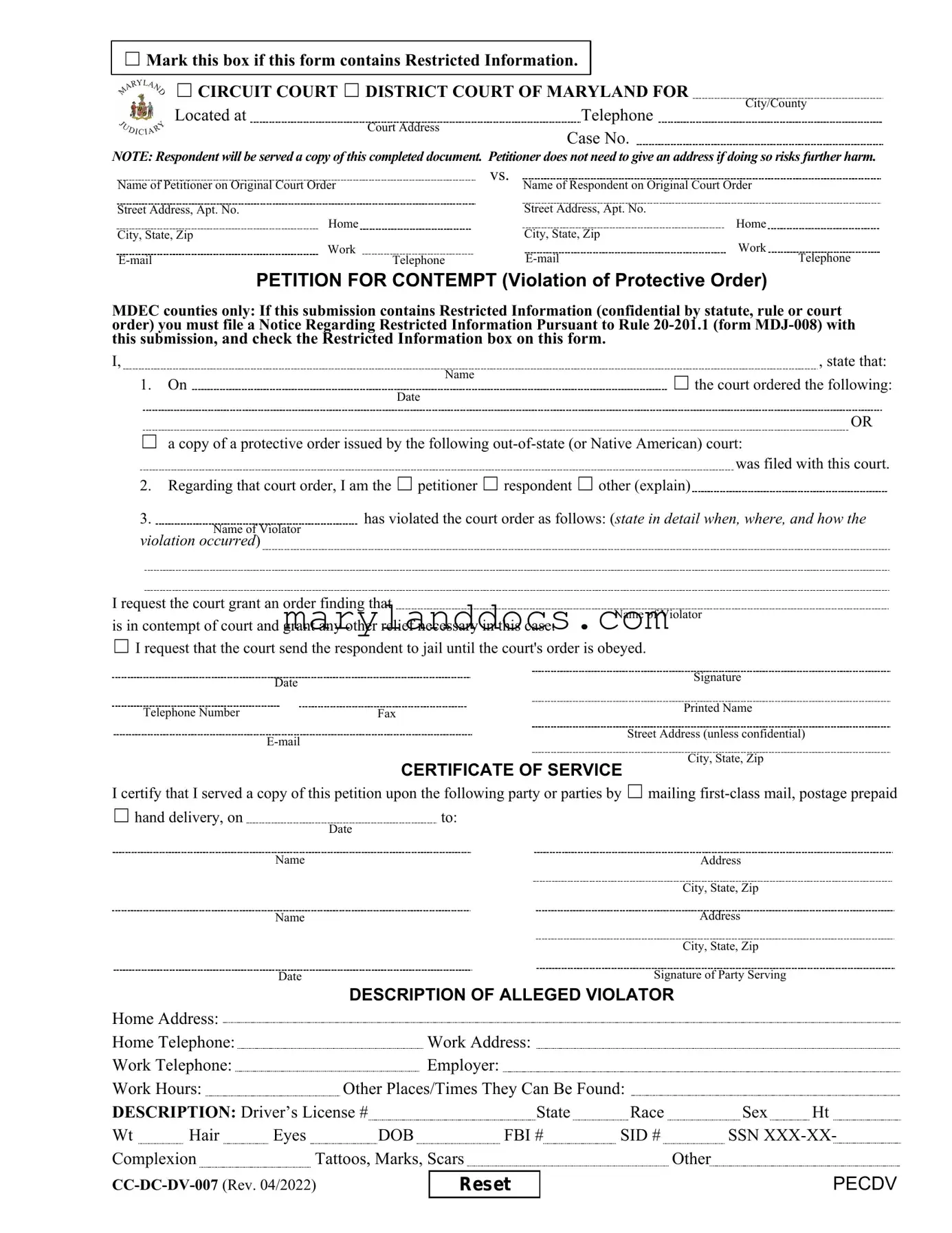 Fill a Valid Maryland Petition For Contempt Template