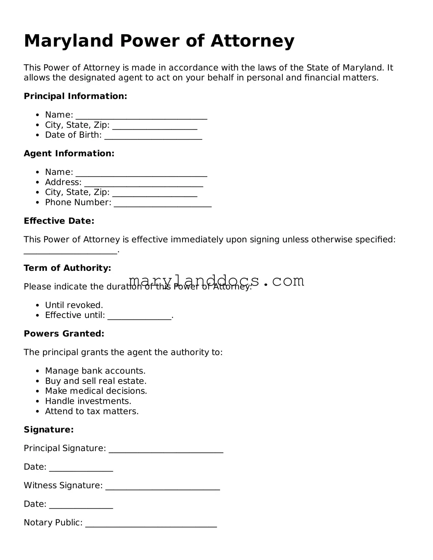 Valid Power of Attorney Document for Maryland State