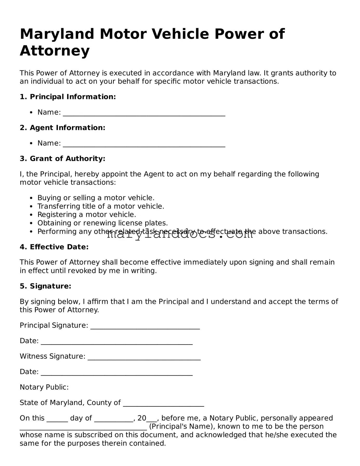 Valid Motor Vehicle Power of Attorney Document for Maryland State
