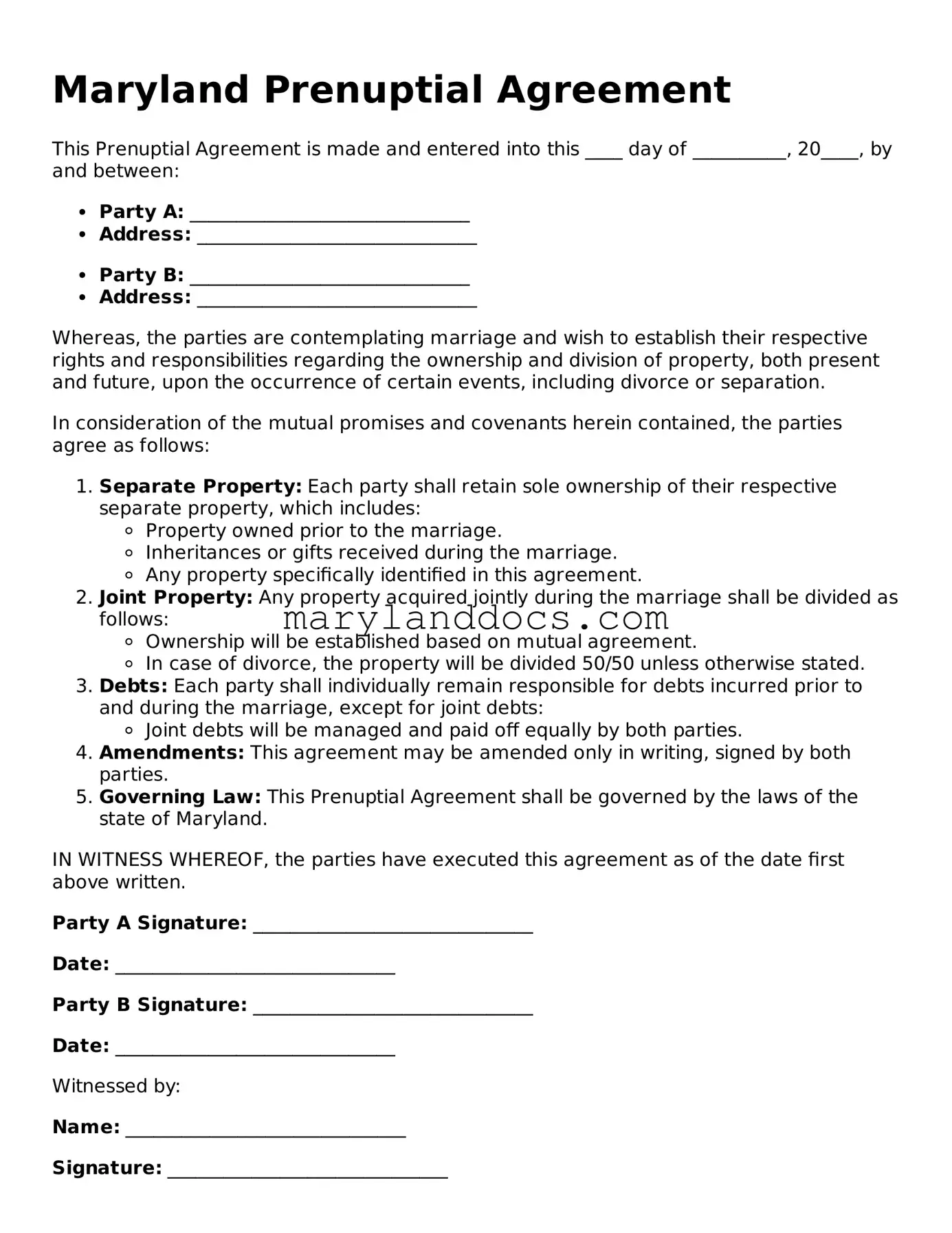 Valid Prenuptial Agreement Document for Maryland State