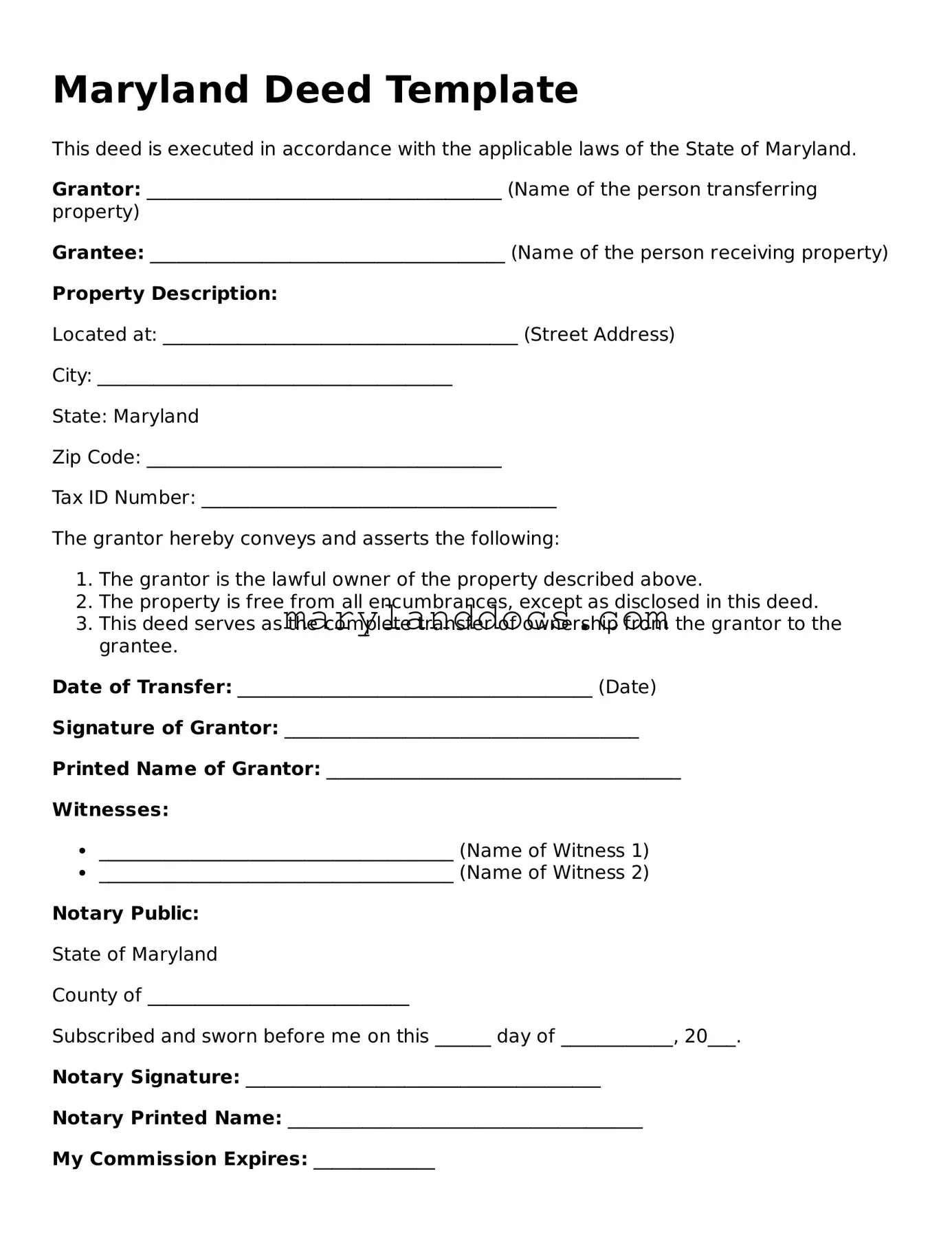 Valid Deed Document for Maryland State