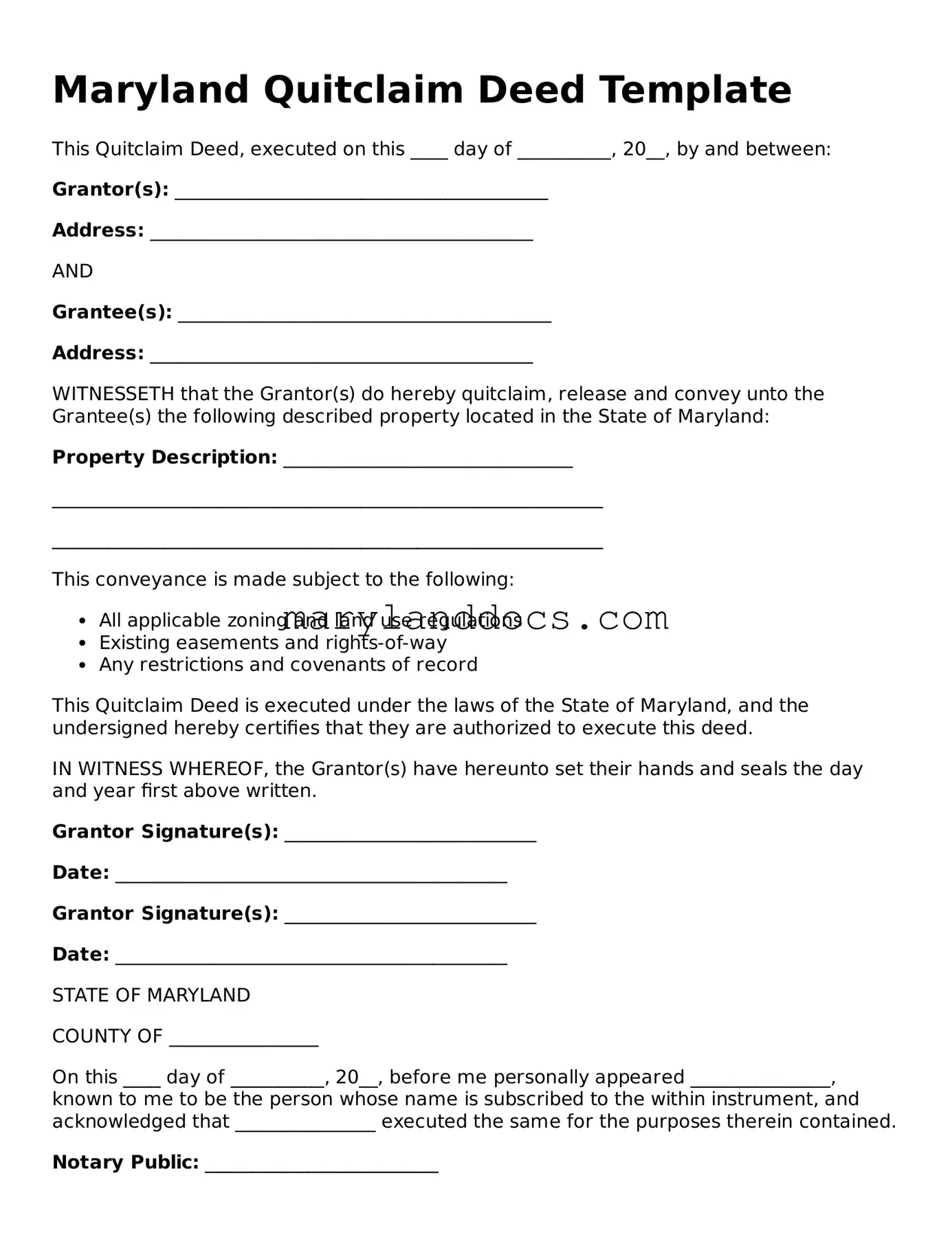Valid Quitclaim Deed Document for Maryland State