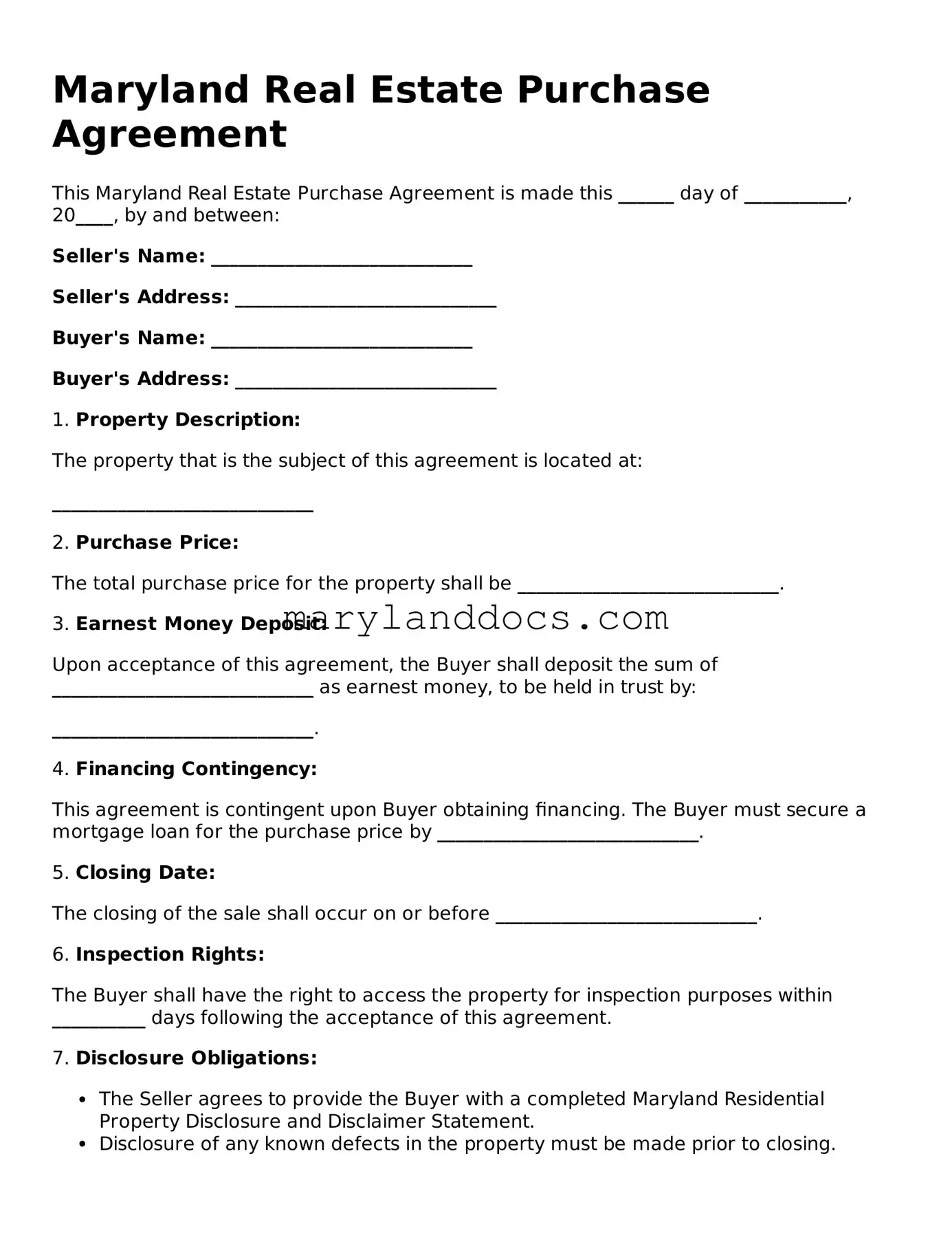 Valid Real Estate Purchase Agreement Document for Maryland State