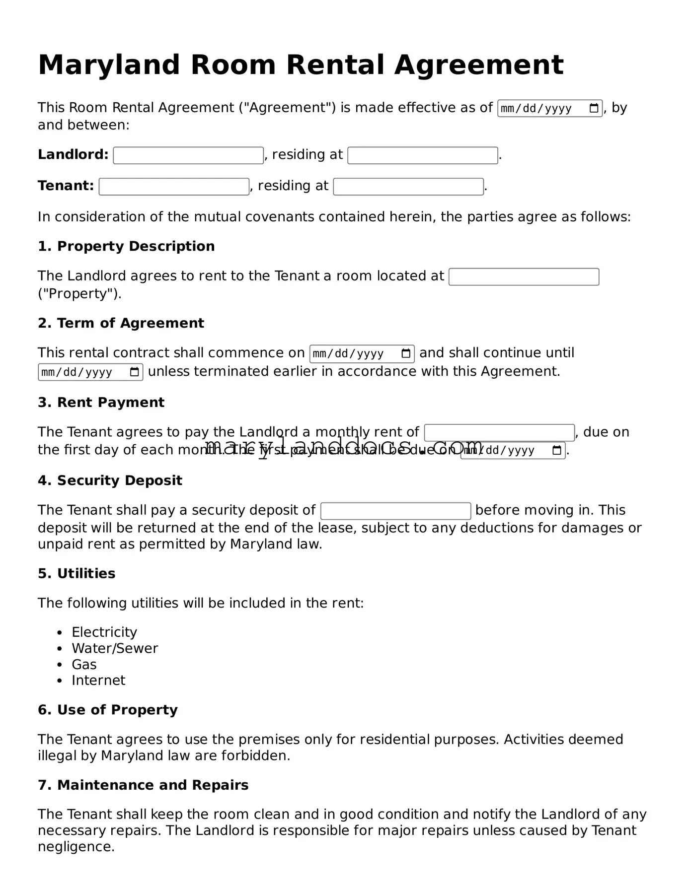 Valid Room Rental Agreement Document for Maryland State