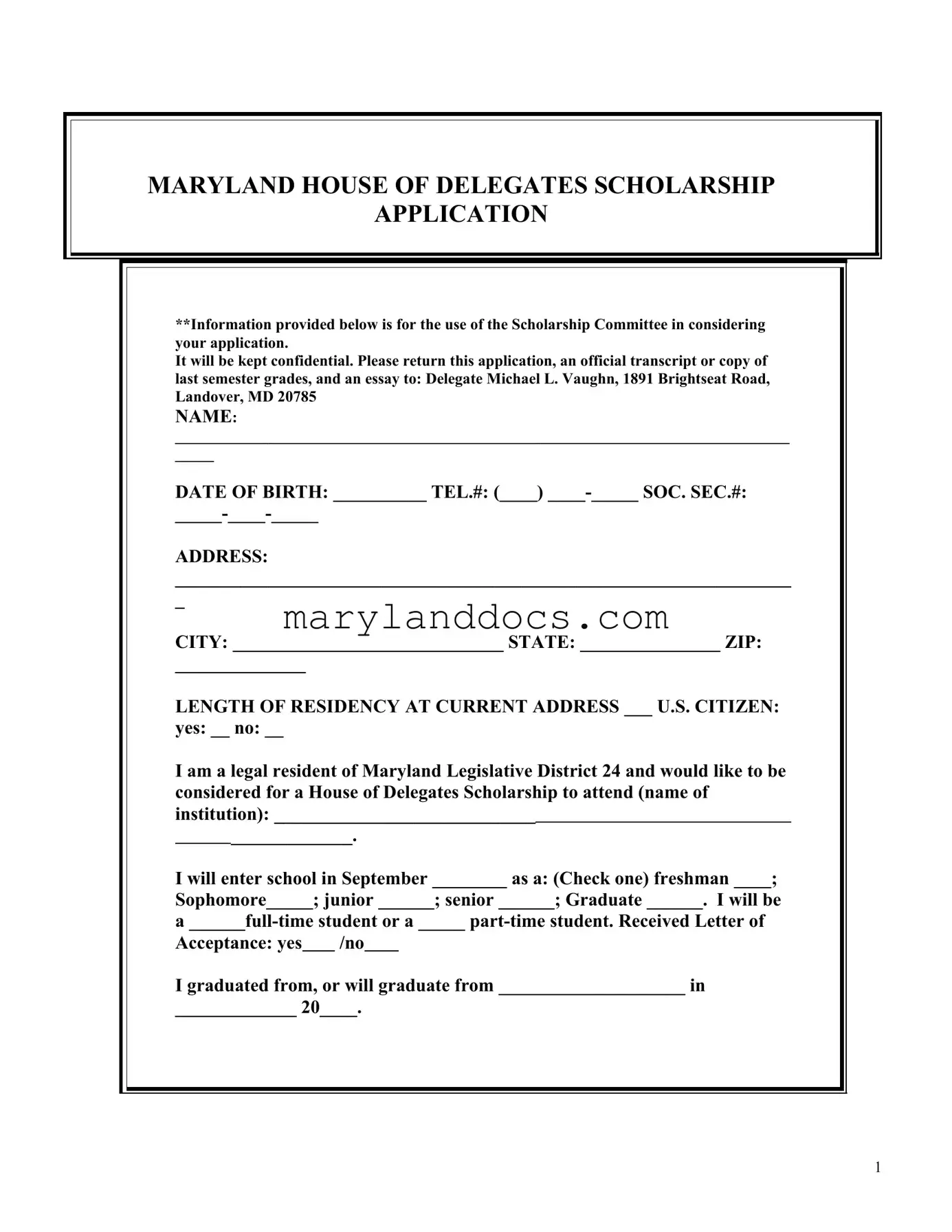 Fill a Valid Maryland Scholarship Application Template
