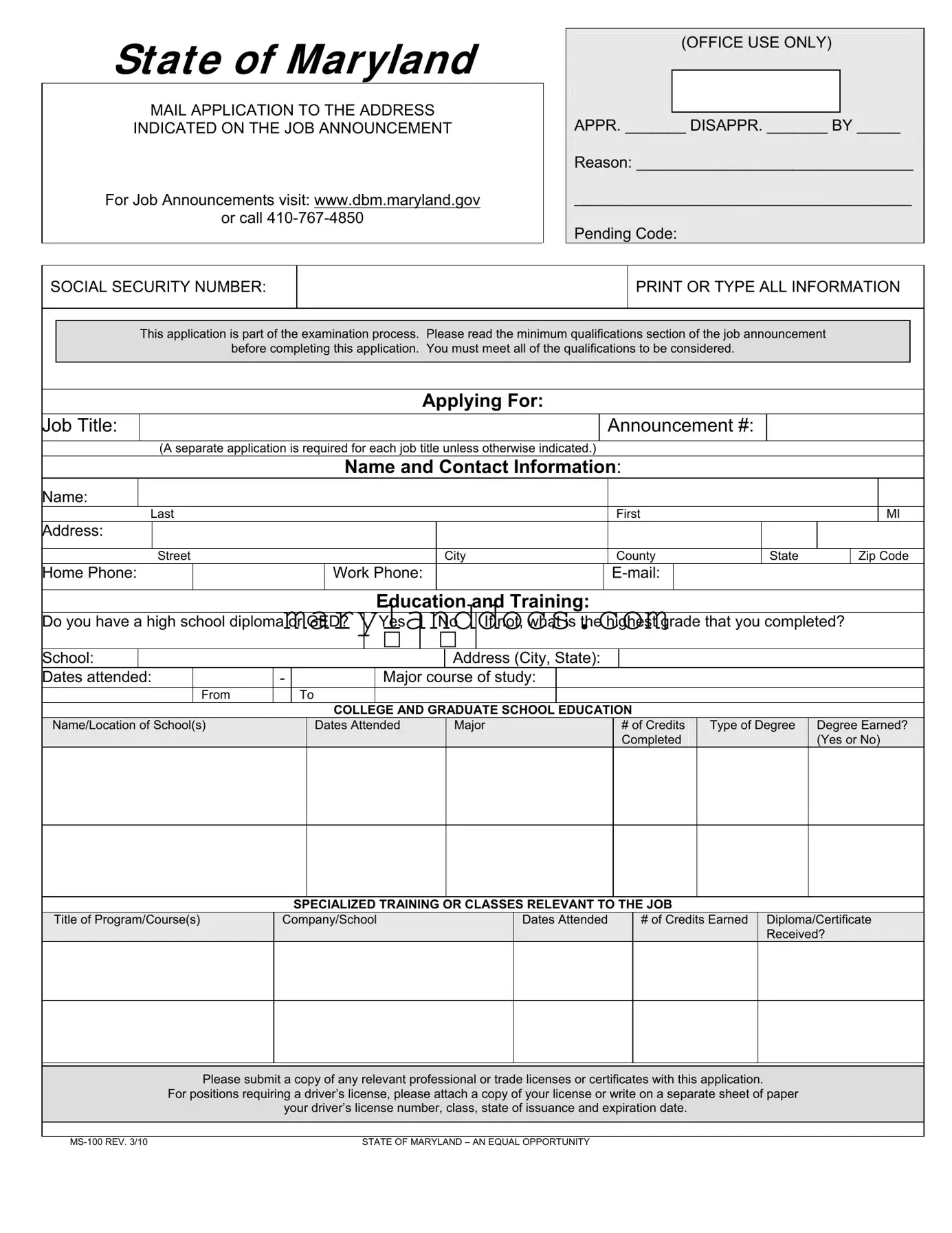 Fill a Valid Maryland State 100 Application Template