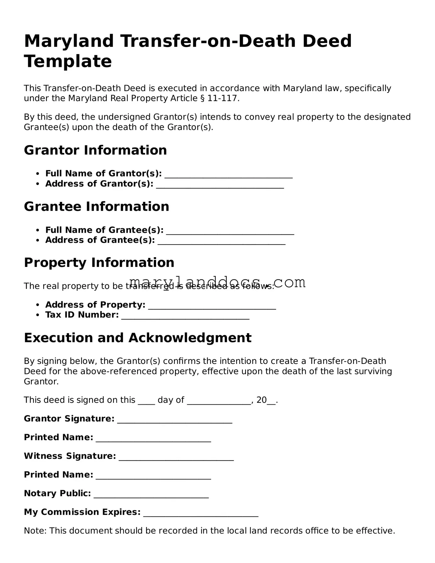 Valid Transfer-on-Death Deed Document for Maryland State